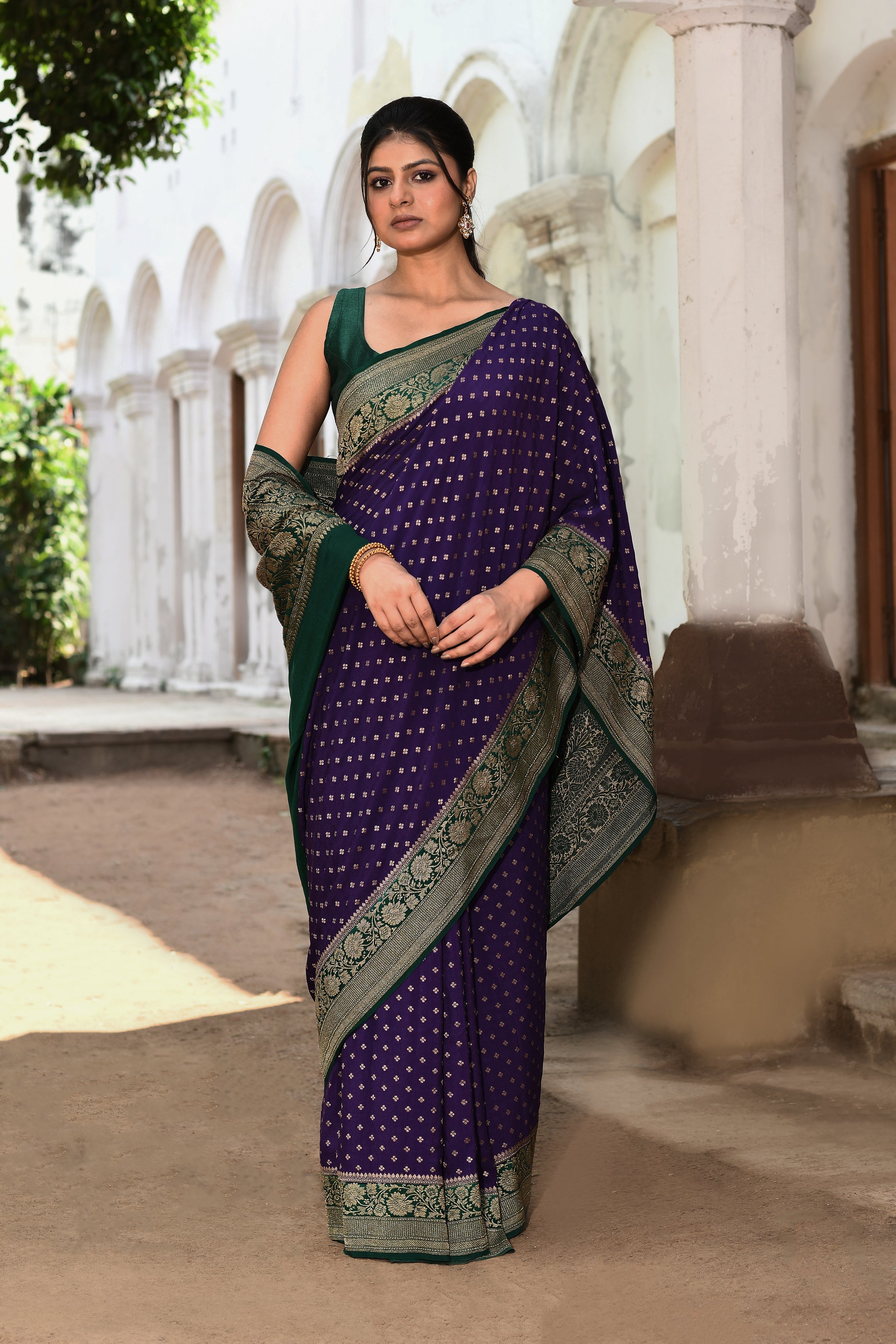 Purple Handwoven Banarasi Crape Chiffon Silk Saree