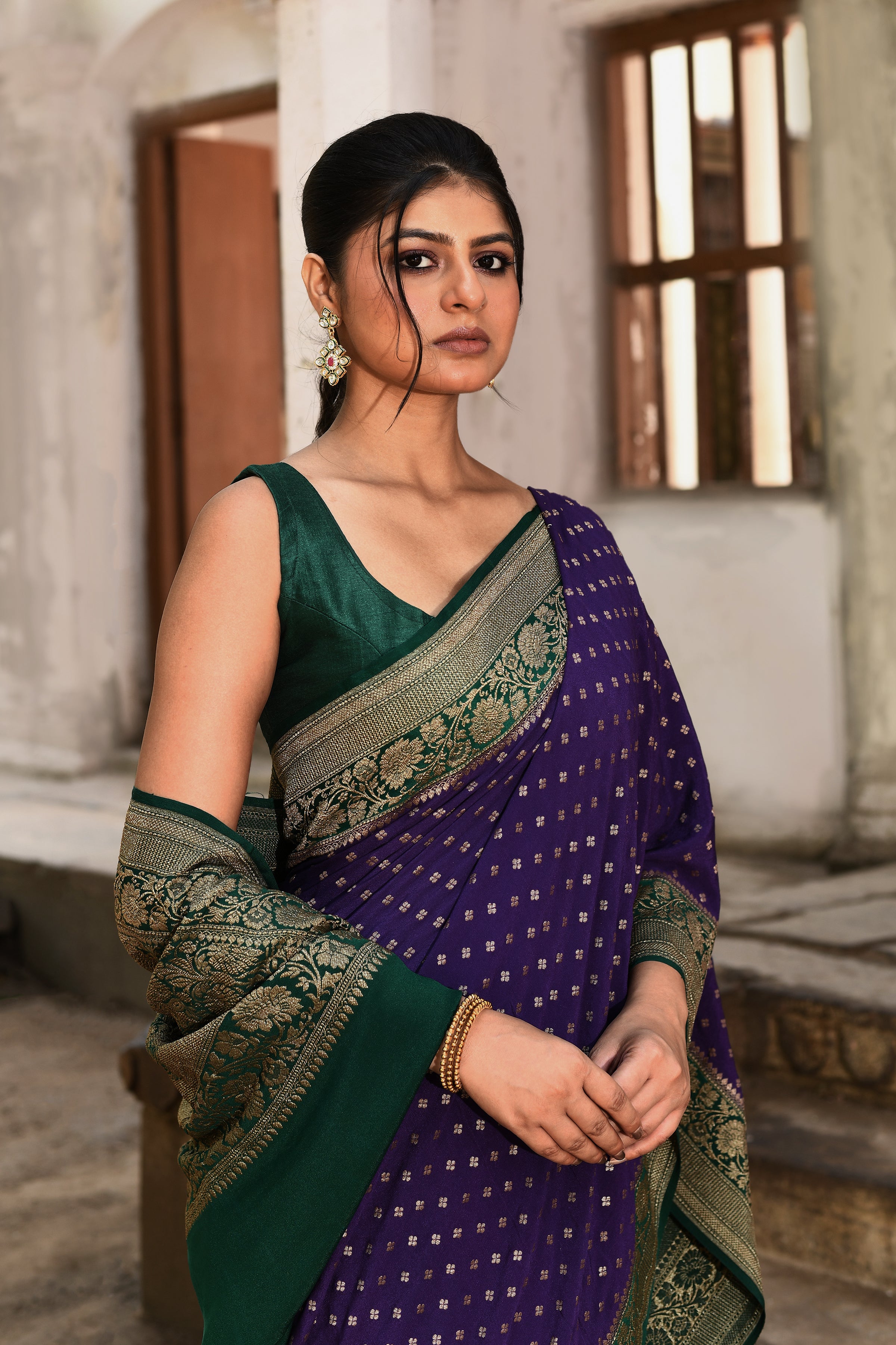 Purple Handwoven Banarasi Crape Chiffon Silk Saree