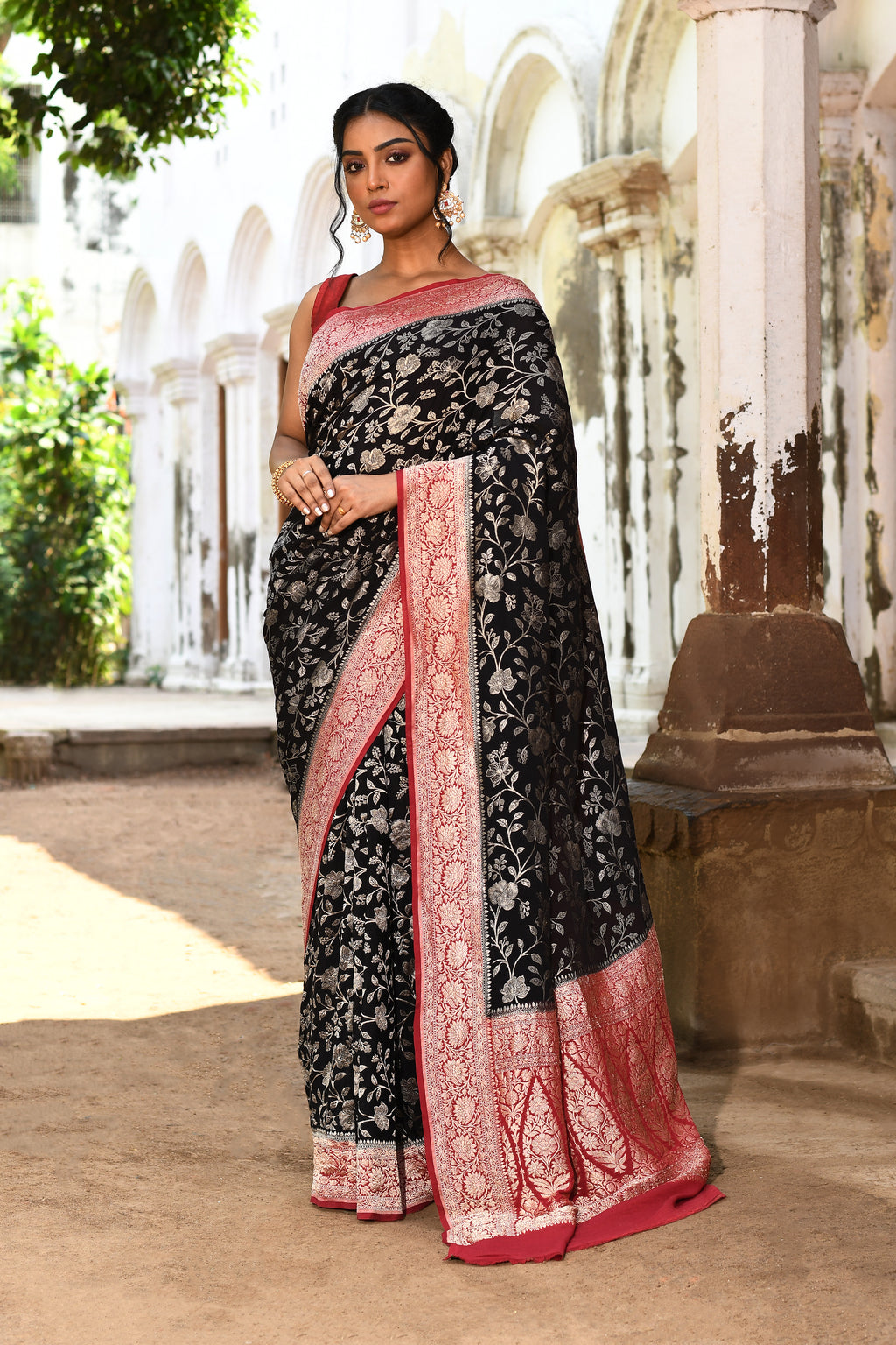 Black Banarasi Crape Chiffon Silk Saree