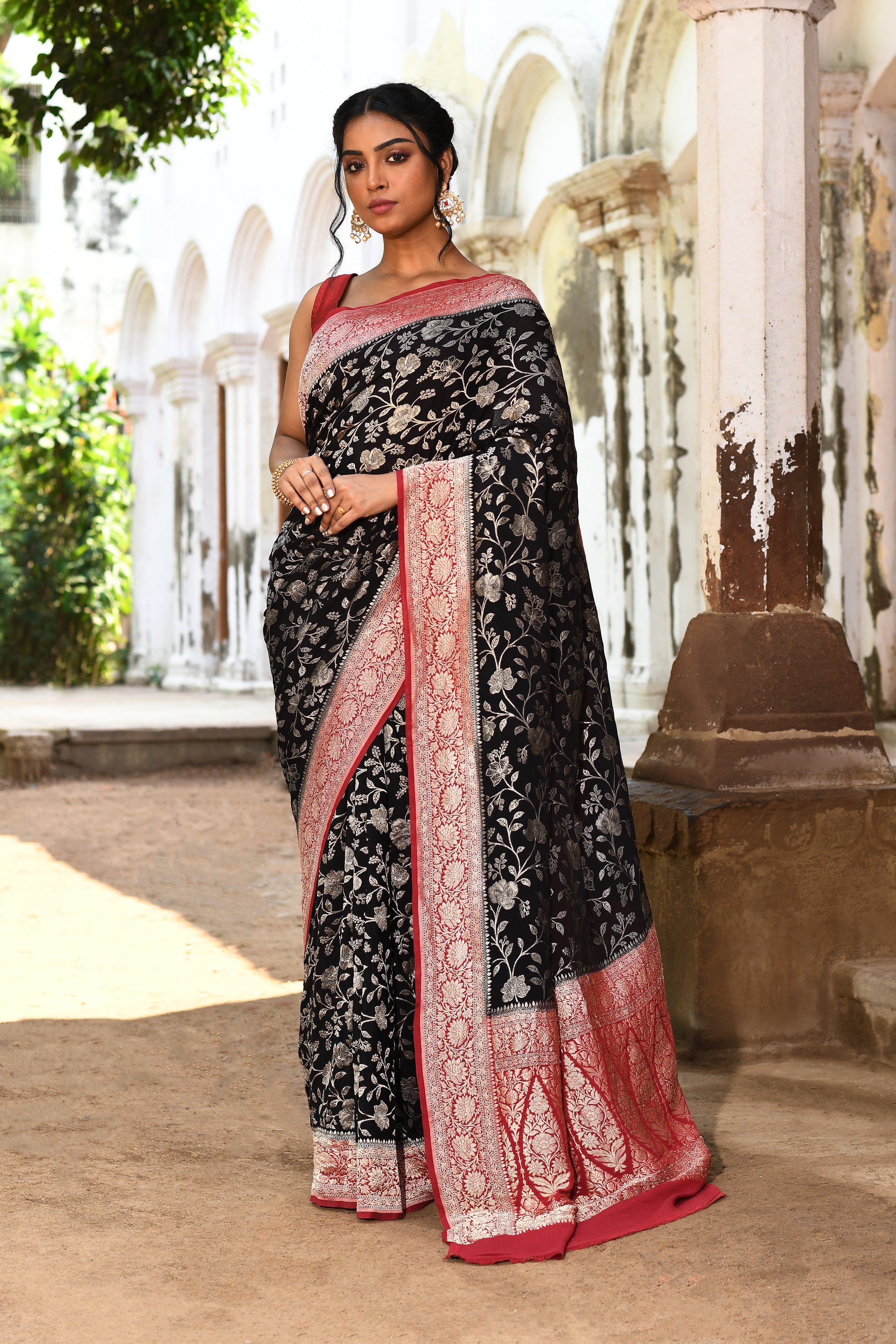 Black Banarasi Crape Chiffon Silk Saree