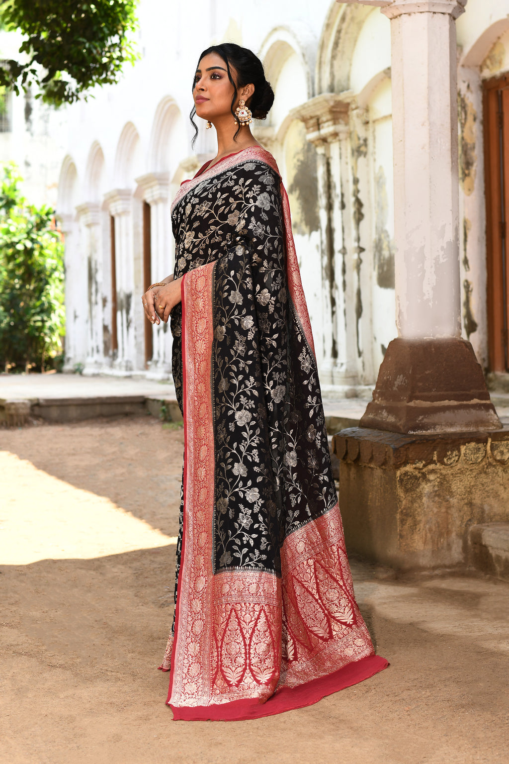Black Banarasi Crape Chiffon Silk Saree