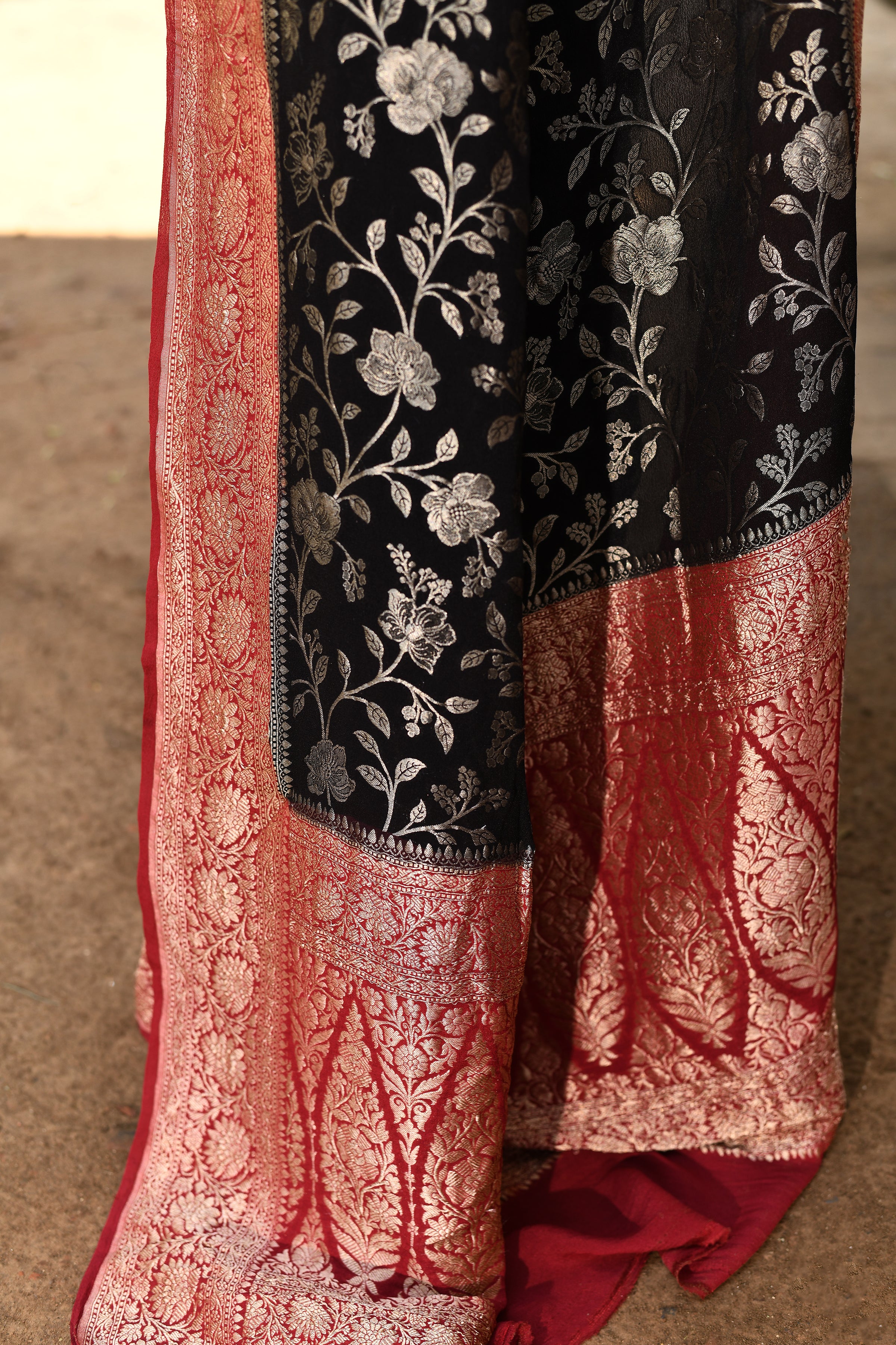 Black Banarasi Crape Chiffon Silk Saree