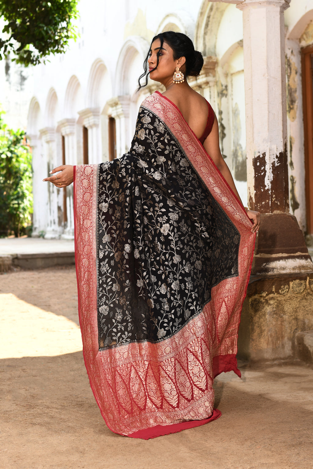 Black Banarasi Crape Chiffon Silk Saree