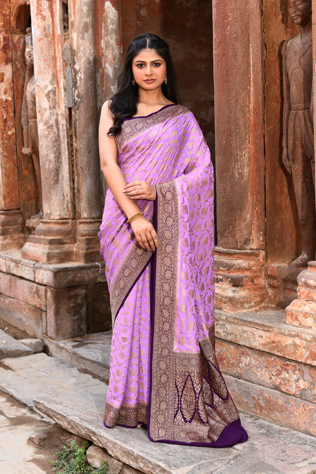 Lavender Handwoven Banarasi Crape Chiffon Silk Saree