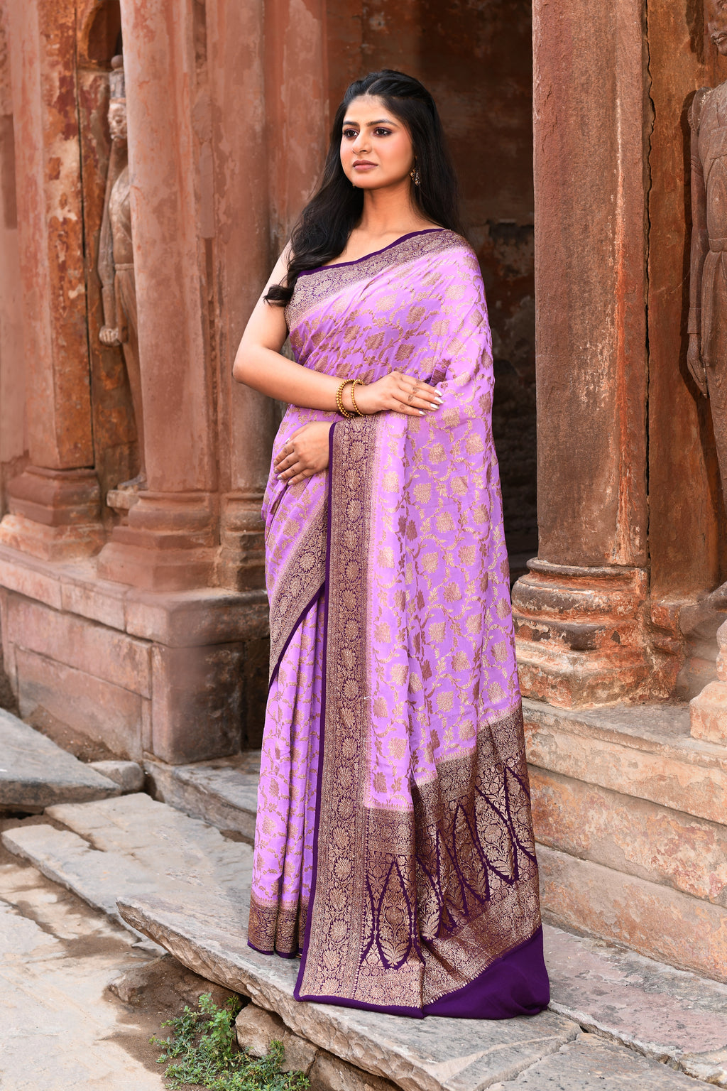 Lavender Handwoven Banarasi Crape Chiffon Silk Saree