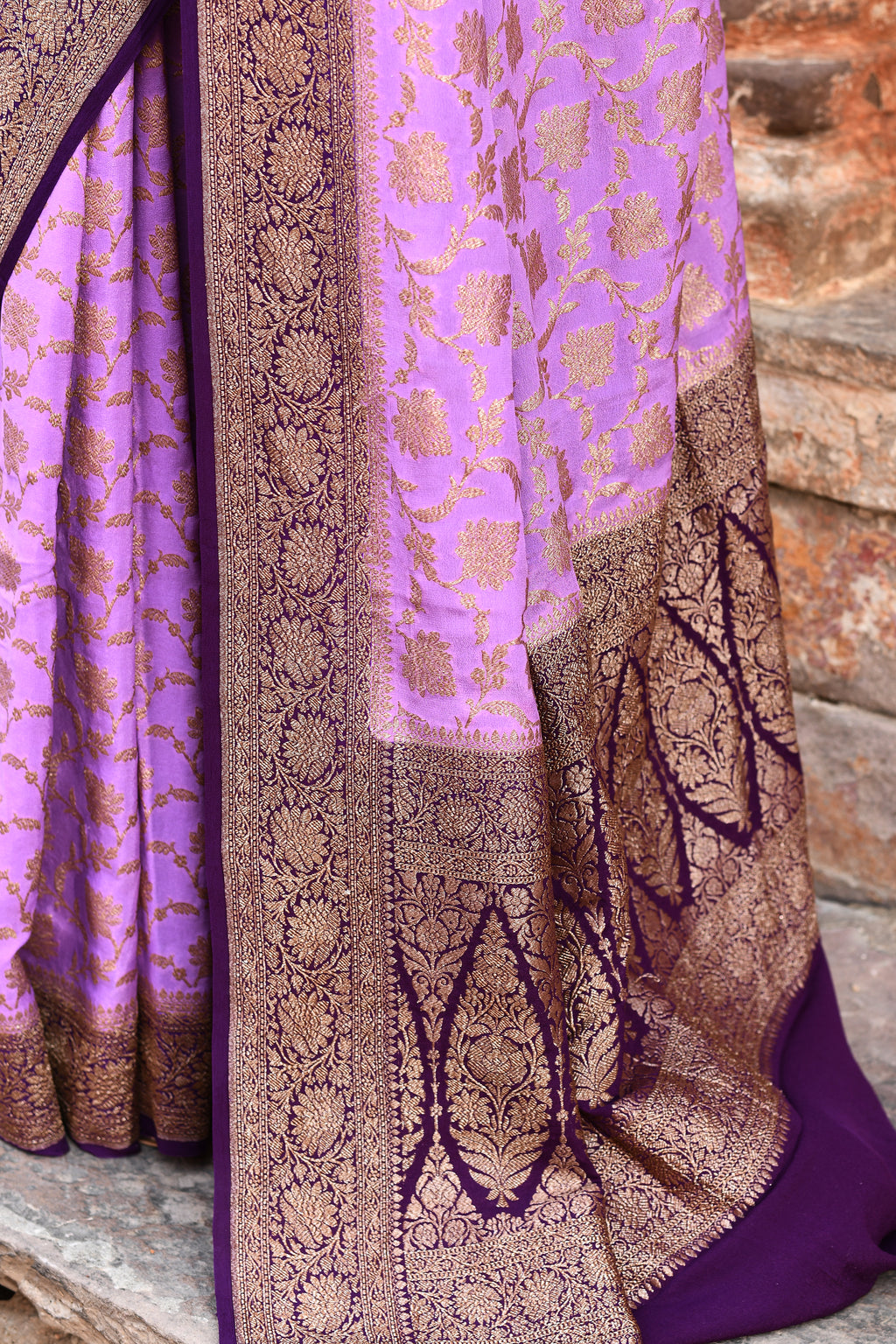 Lavender Handwoven Banarasi Crape Chiffon Silk Saree