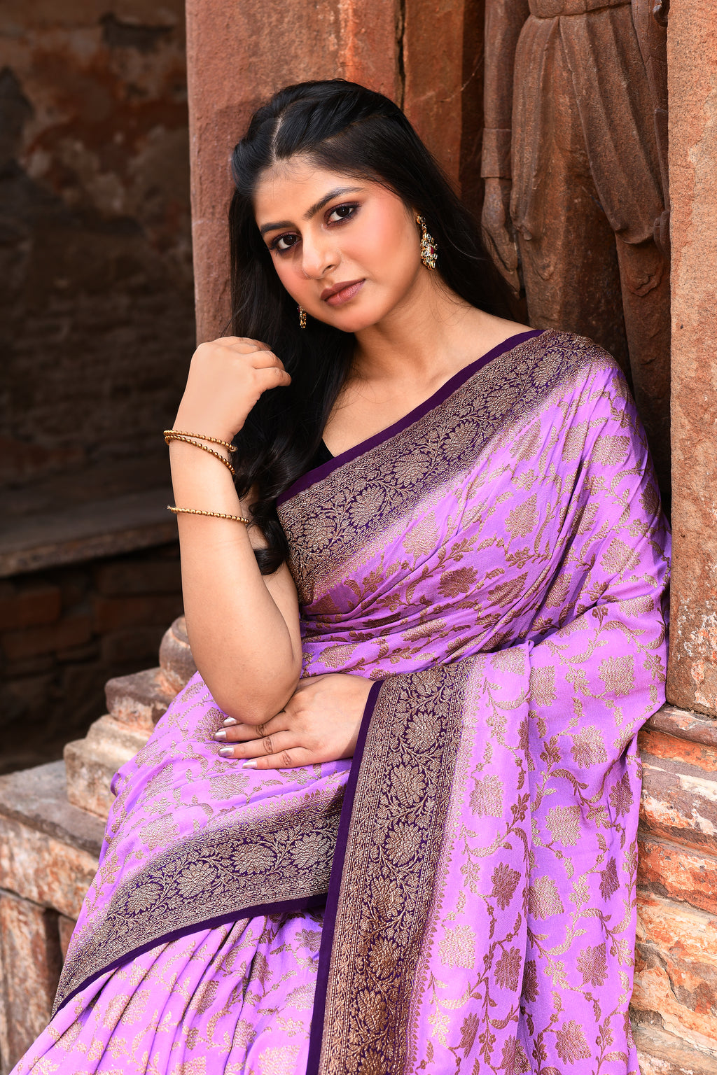 Lavender Handwoven Banarasi Crape Chiffon Silk Saree