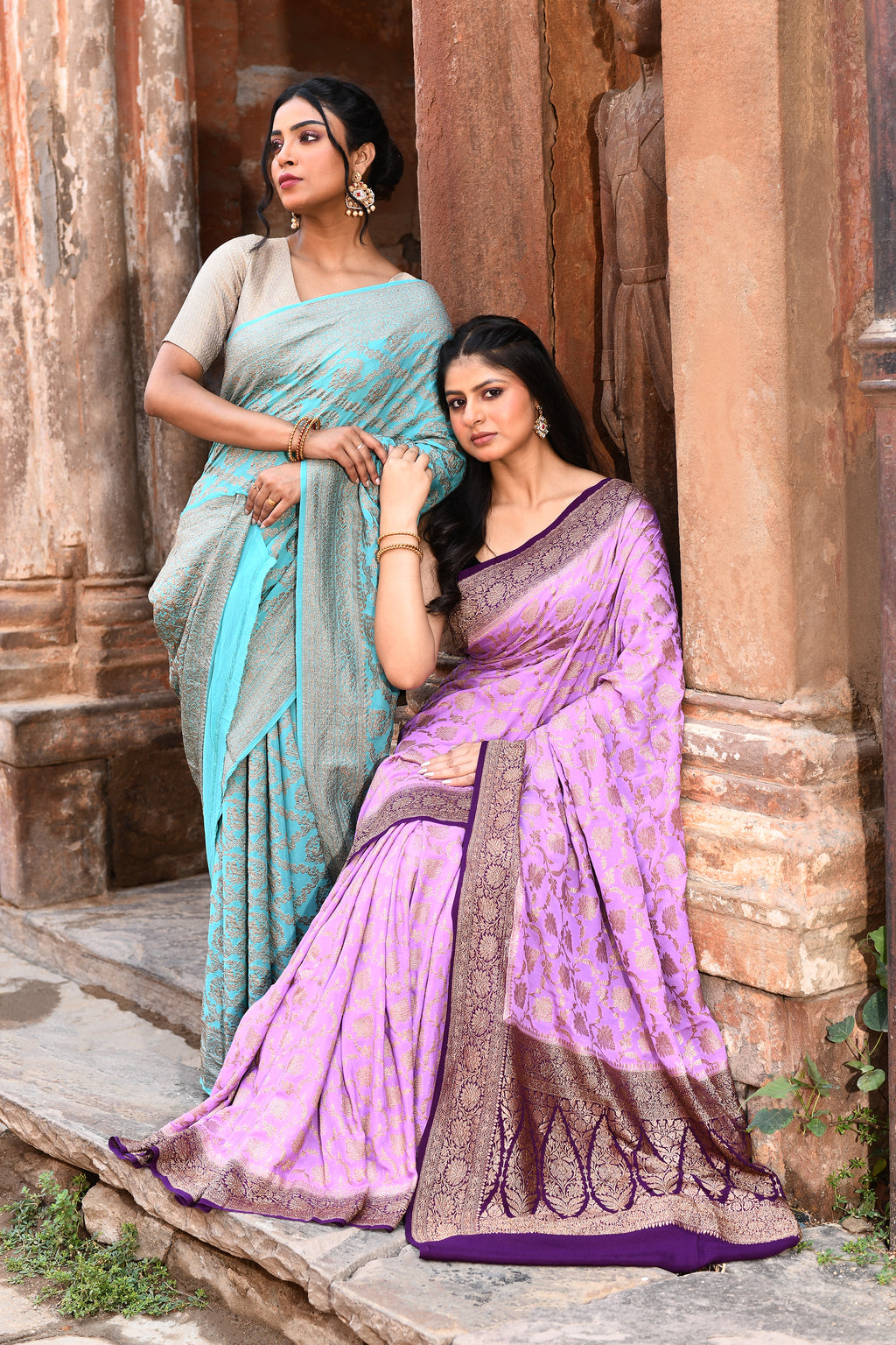 Teal Green Banarasi Crape Chiffon Silk Saree