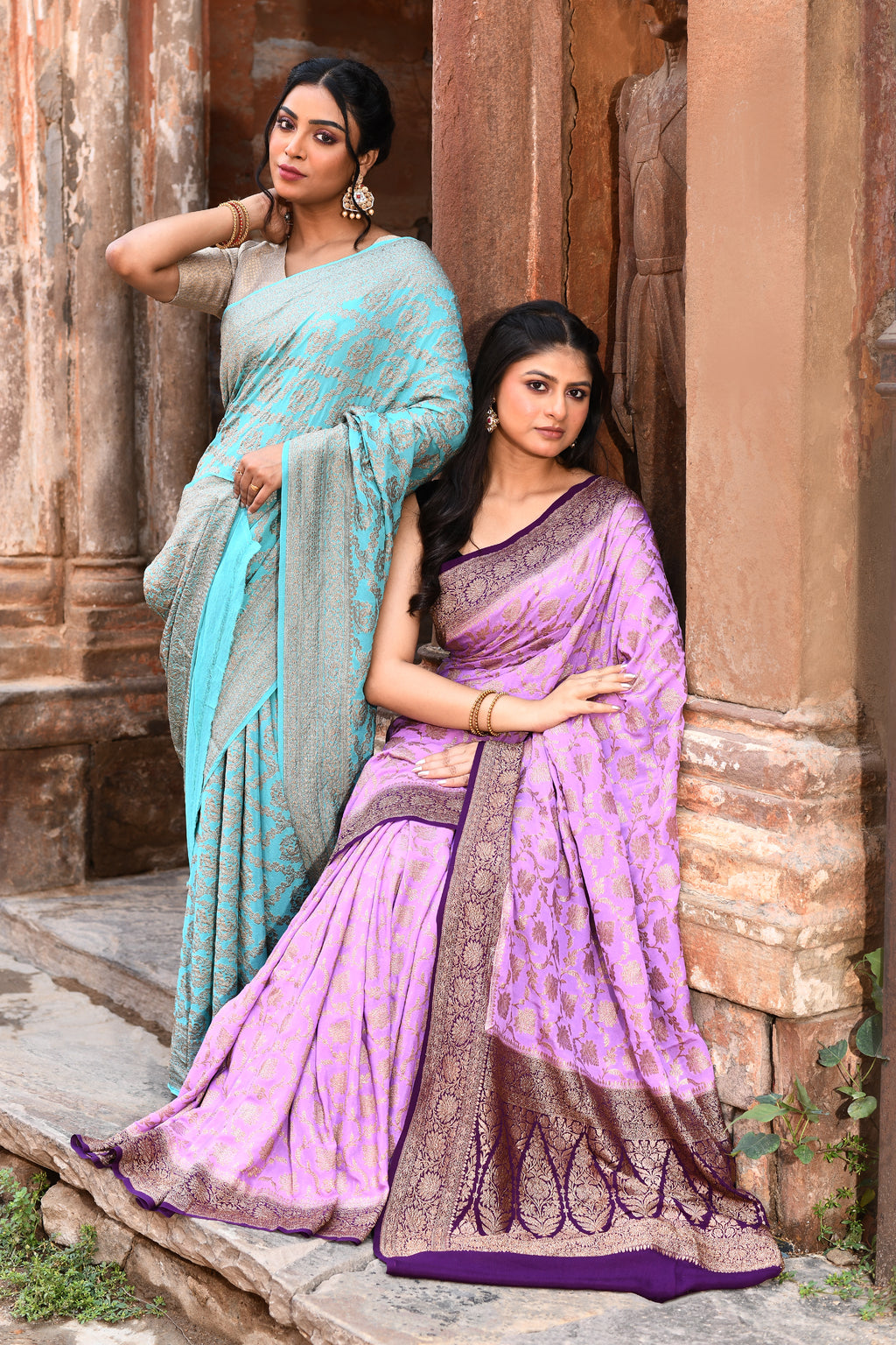 Teal Green Banarasi Crape Chiffon Silk Saree