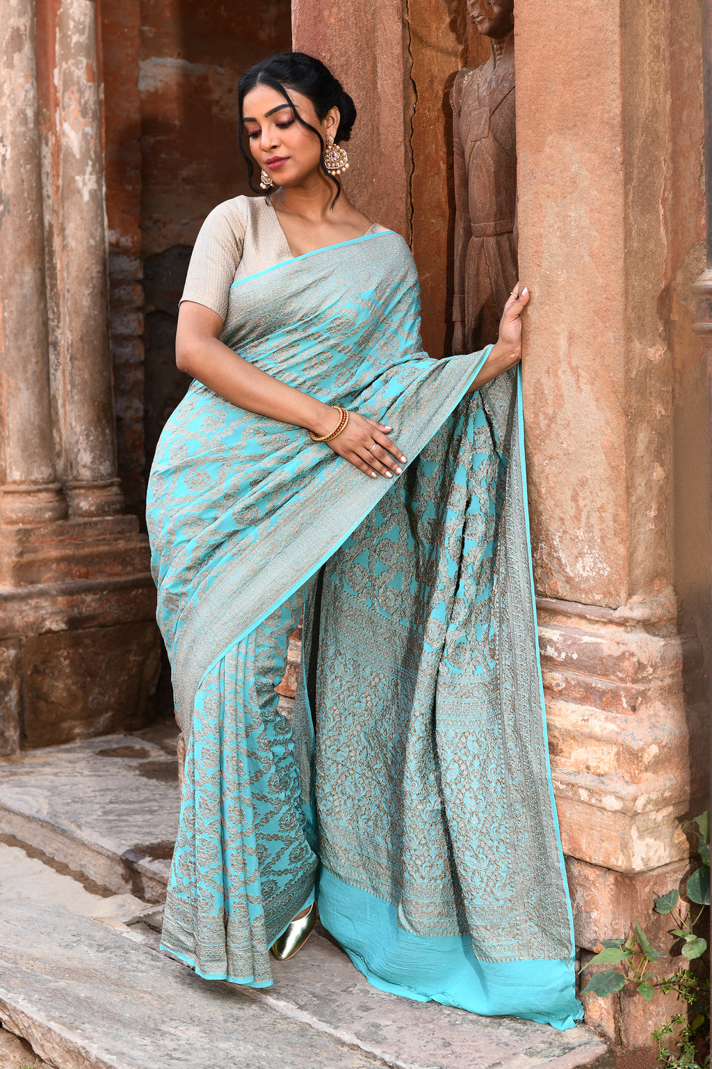 Teal Green Banarasi Crape Chiffon Silk Saree