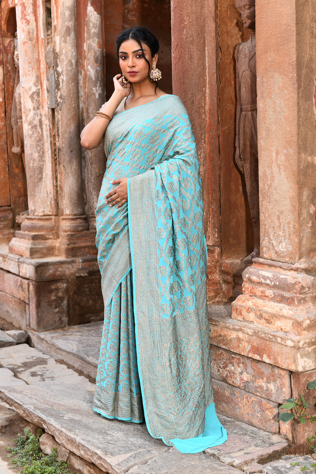 Teal Green Banarasi Crape Chiffon Silk Saree