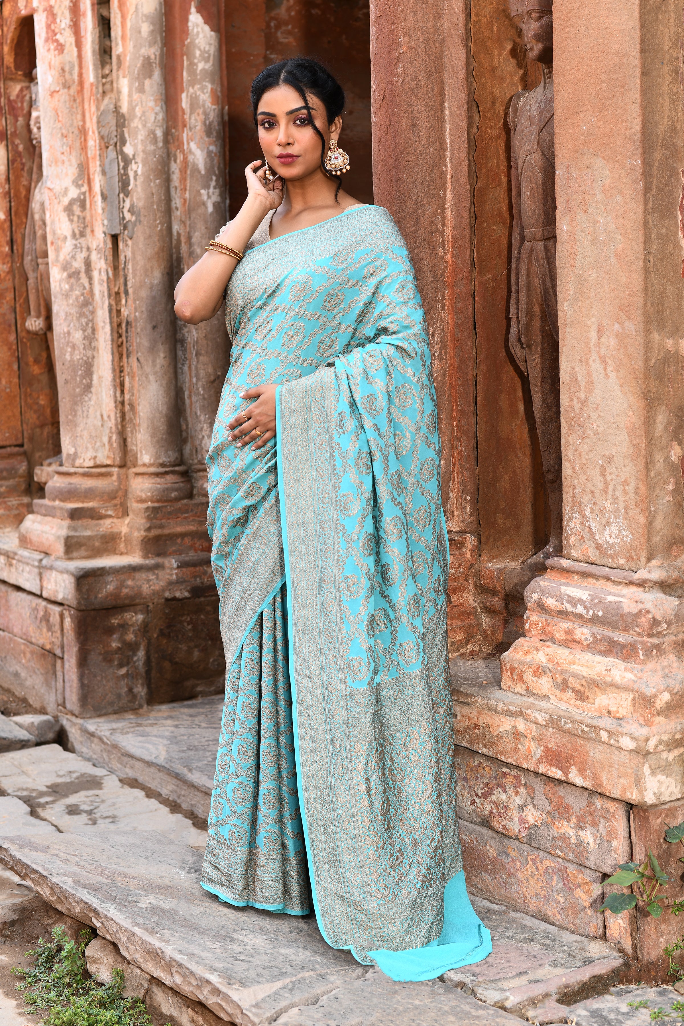 Teal Green Banarasi Crape Chiffon Silk Saree