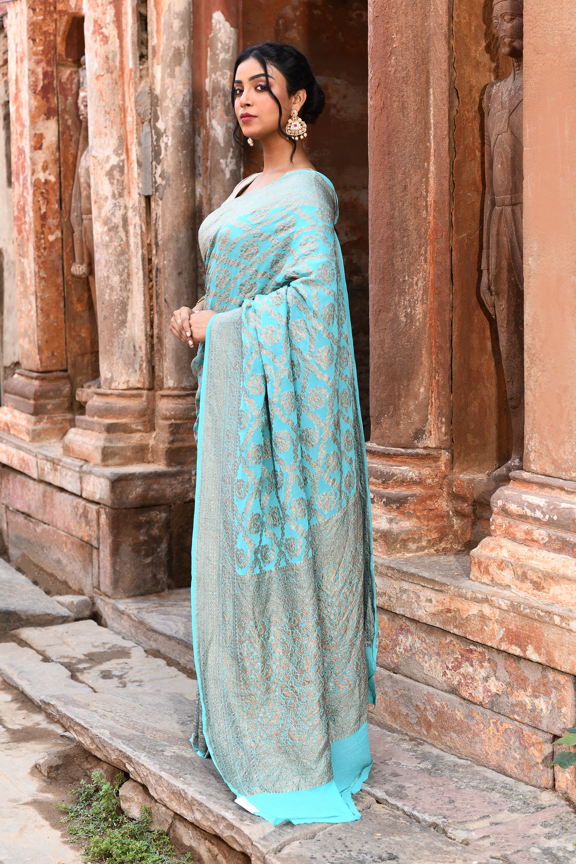 Teal Green Banarasi Crape Chiffon Silk Saree