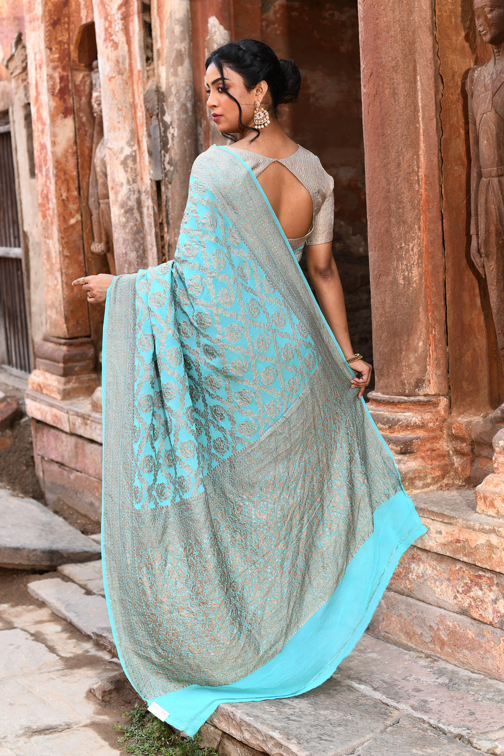 Teal Green Banarasi Crape Chiffon Silk Saree