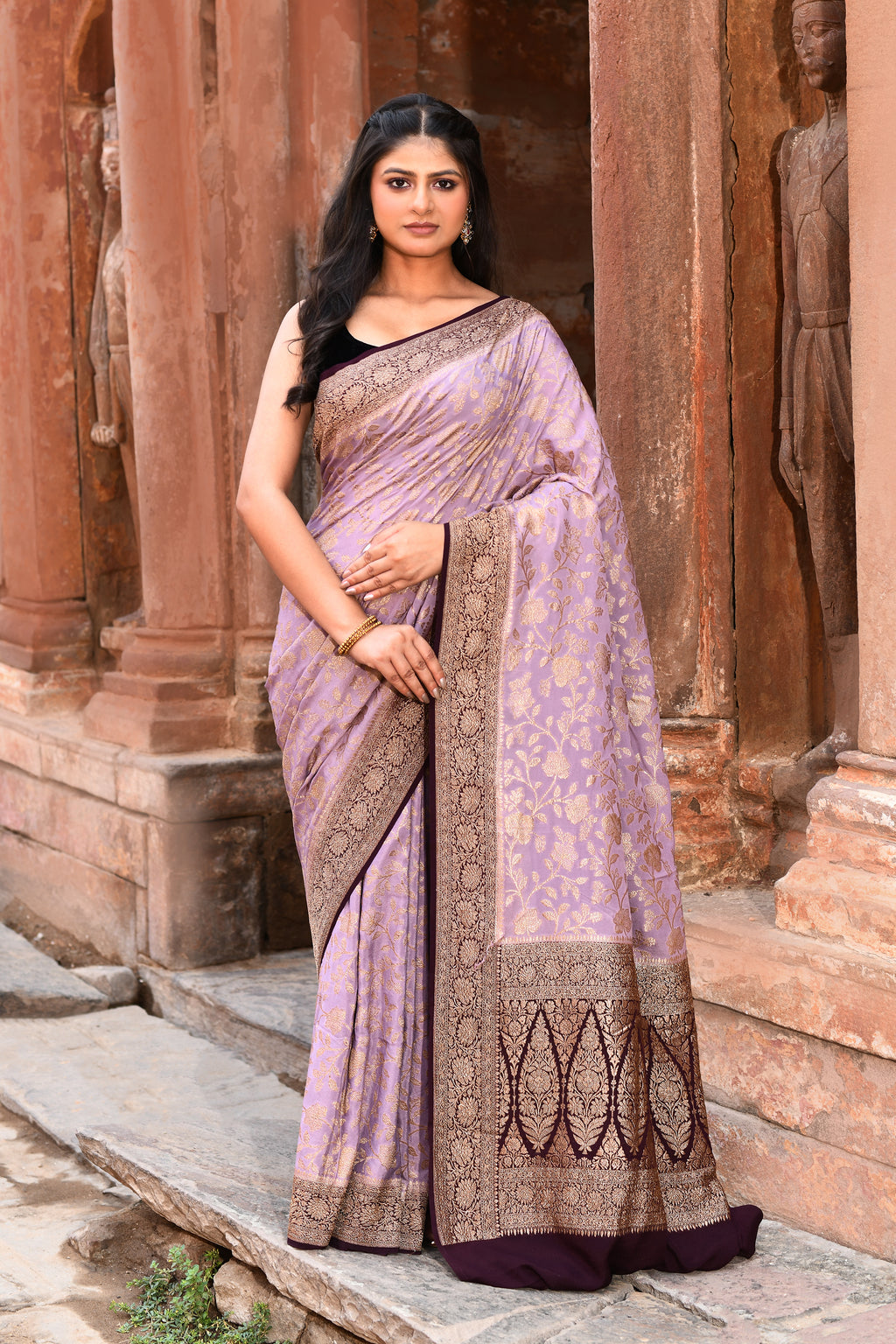 Nude Pink Handwoven Banarasi Crape Chiffon Silk Saree