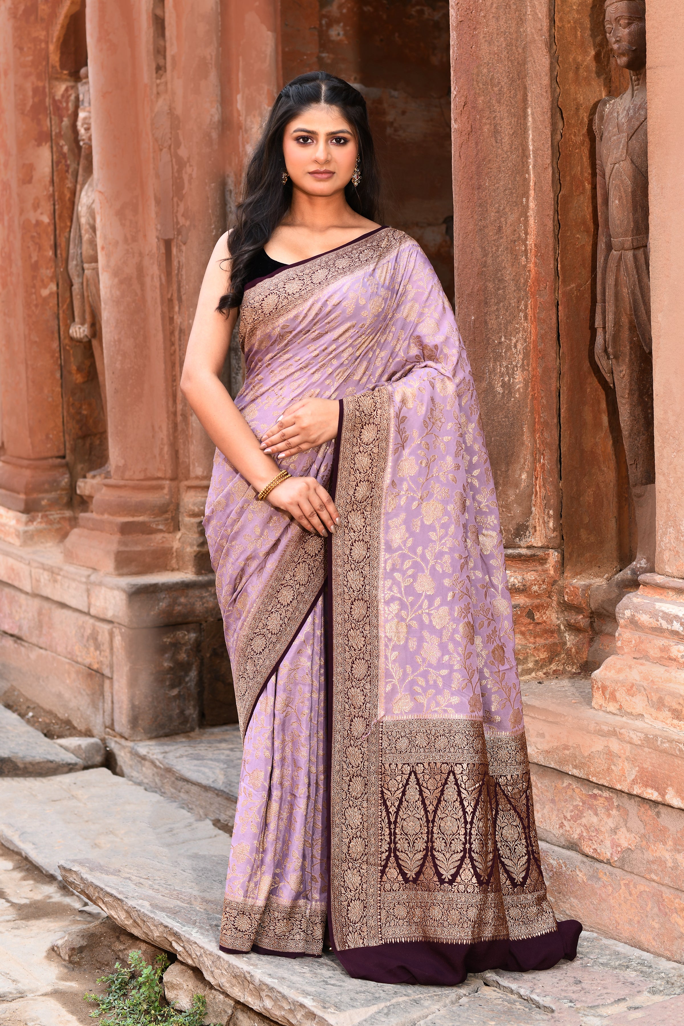 Nude Pink Handwoven Banarasi Crape Chiffon Silk Saree