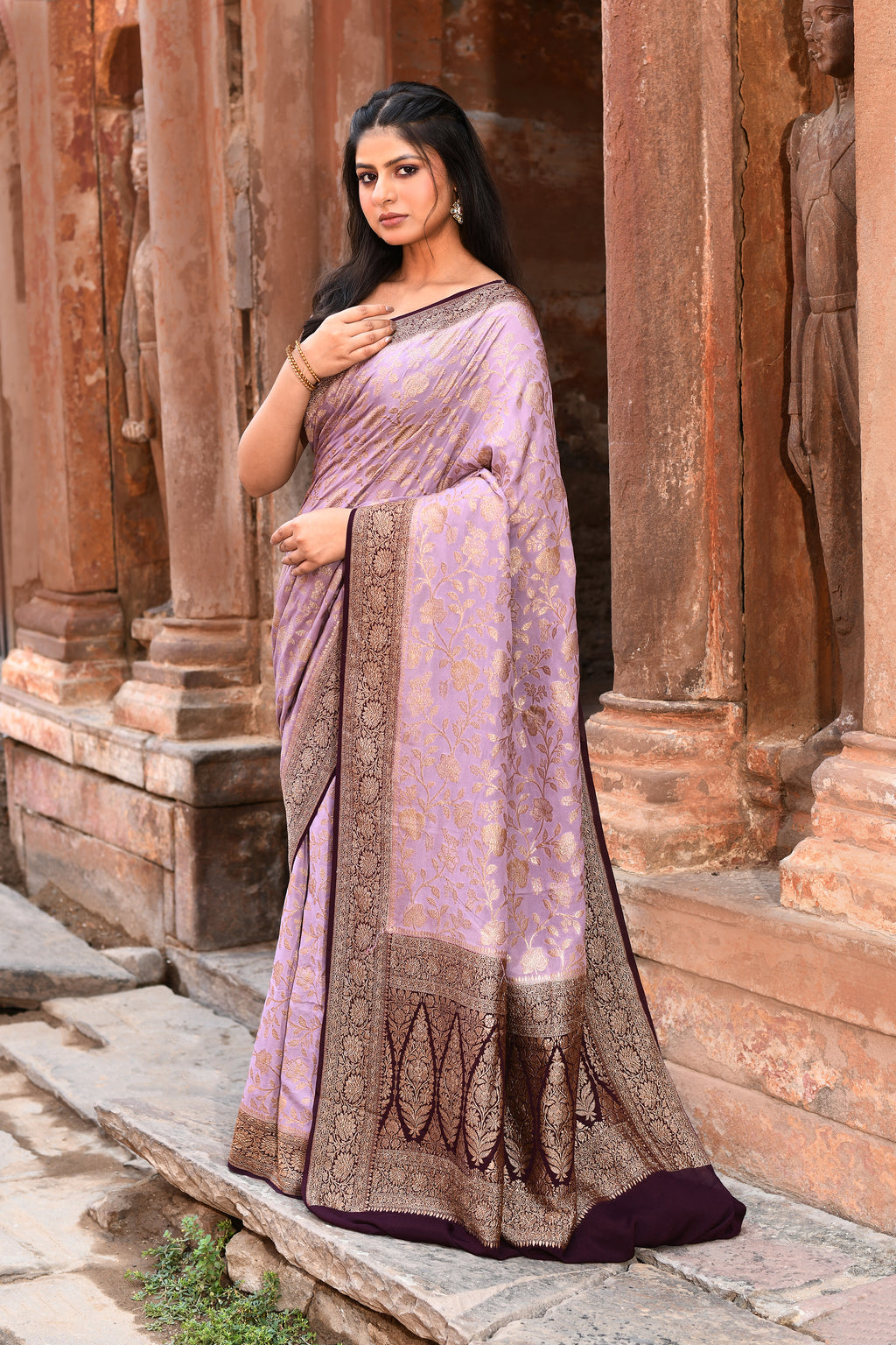 Nude Pink Handwoven Banarasi Crape Chiffon Silk Saree