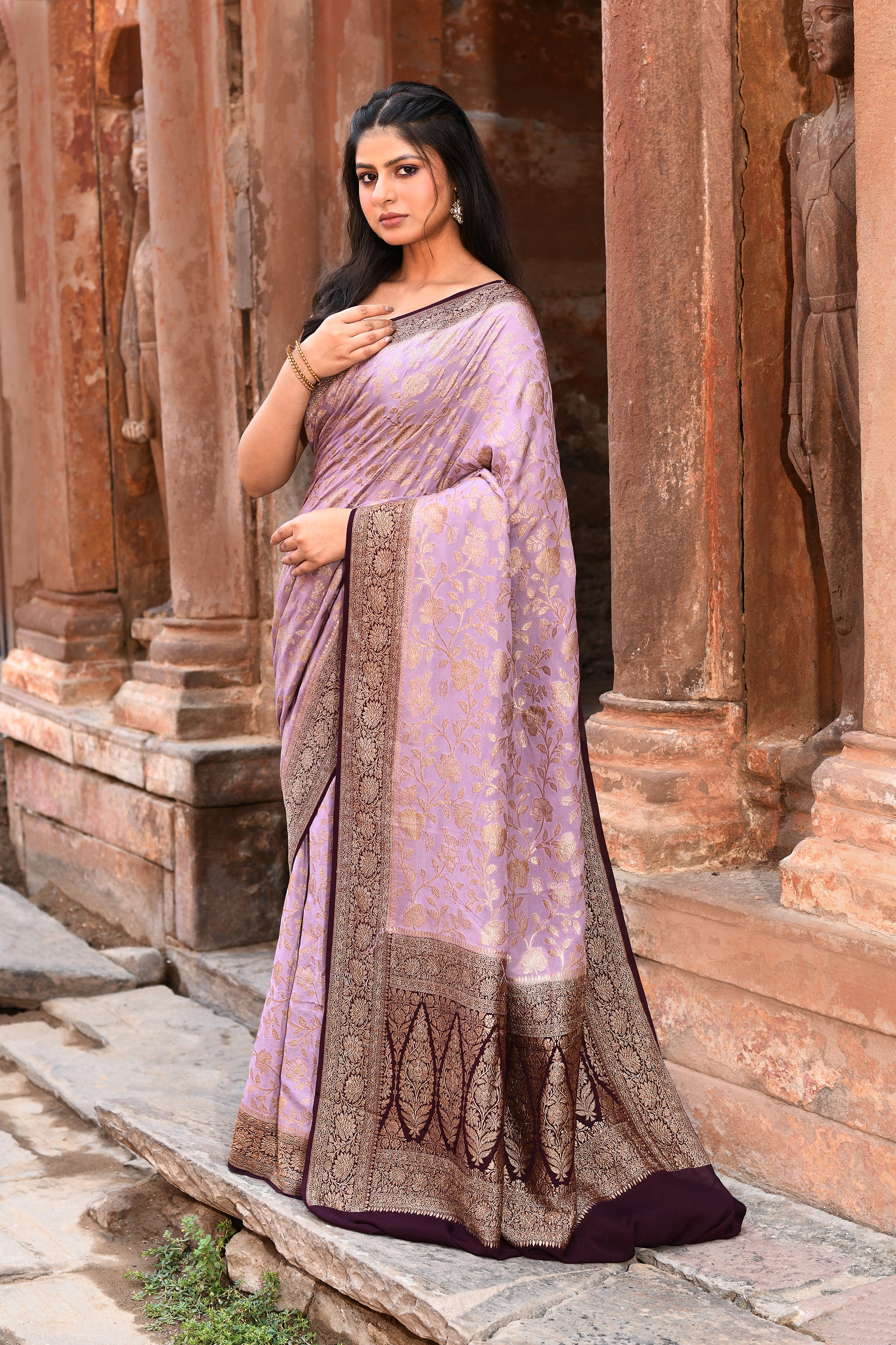 Nude Pink Handwoven Banarasi Crape Chiffon Silk Saree