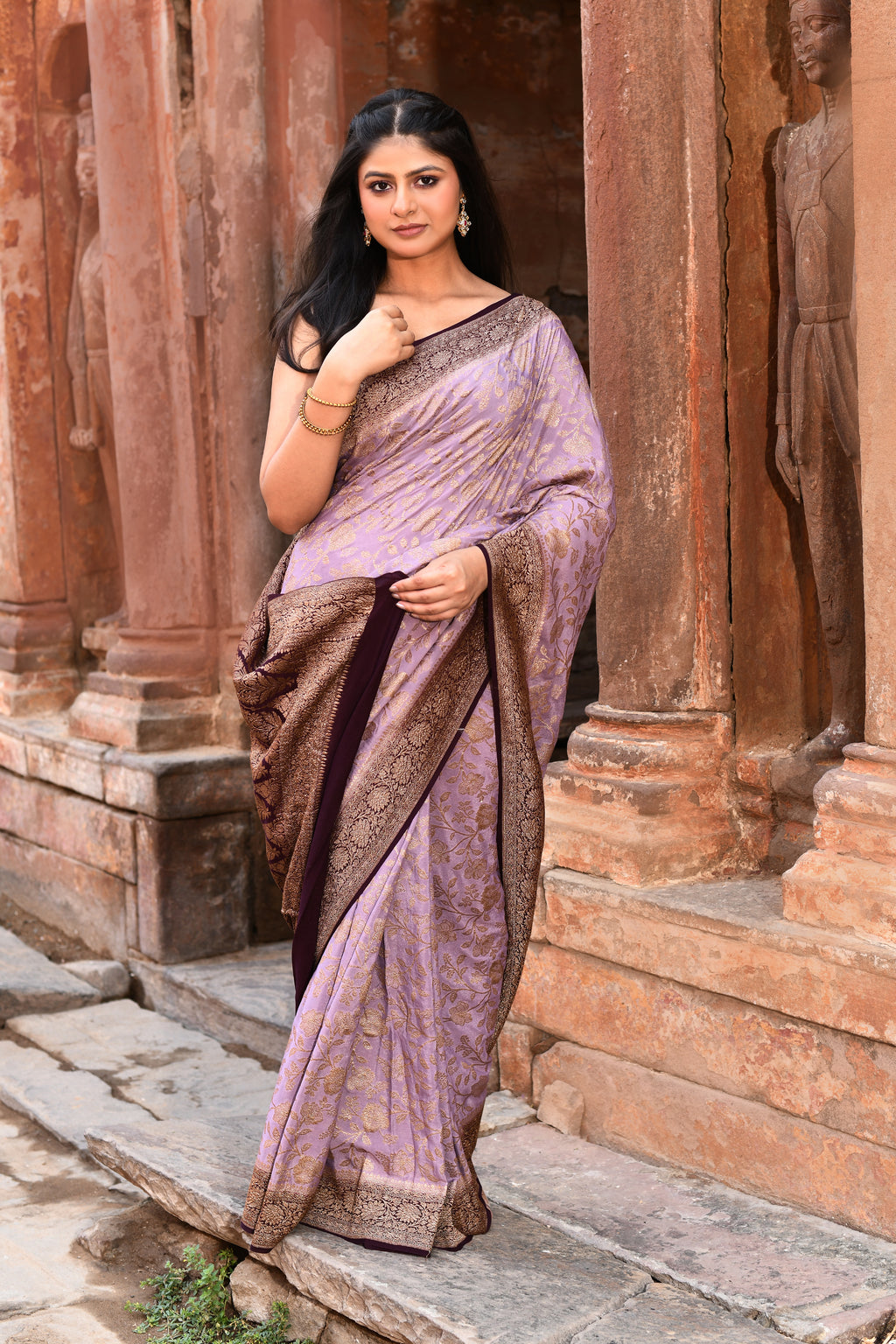 Nude Pink Handwoven Banarasi Crape Chiffon Silk Saree