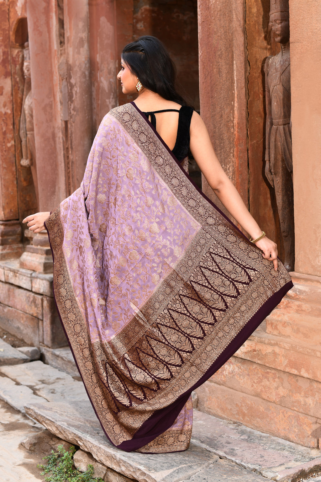 Nude Pink Handwoven Banarasi Crape Chiffon Silk Saree