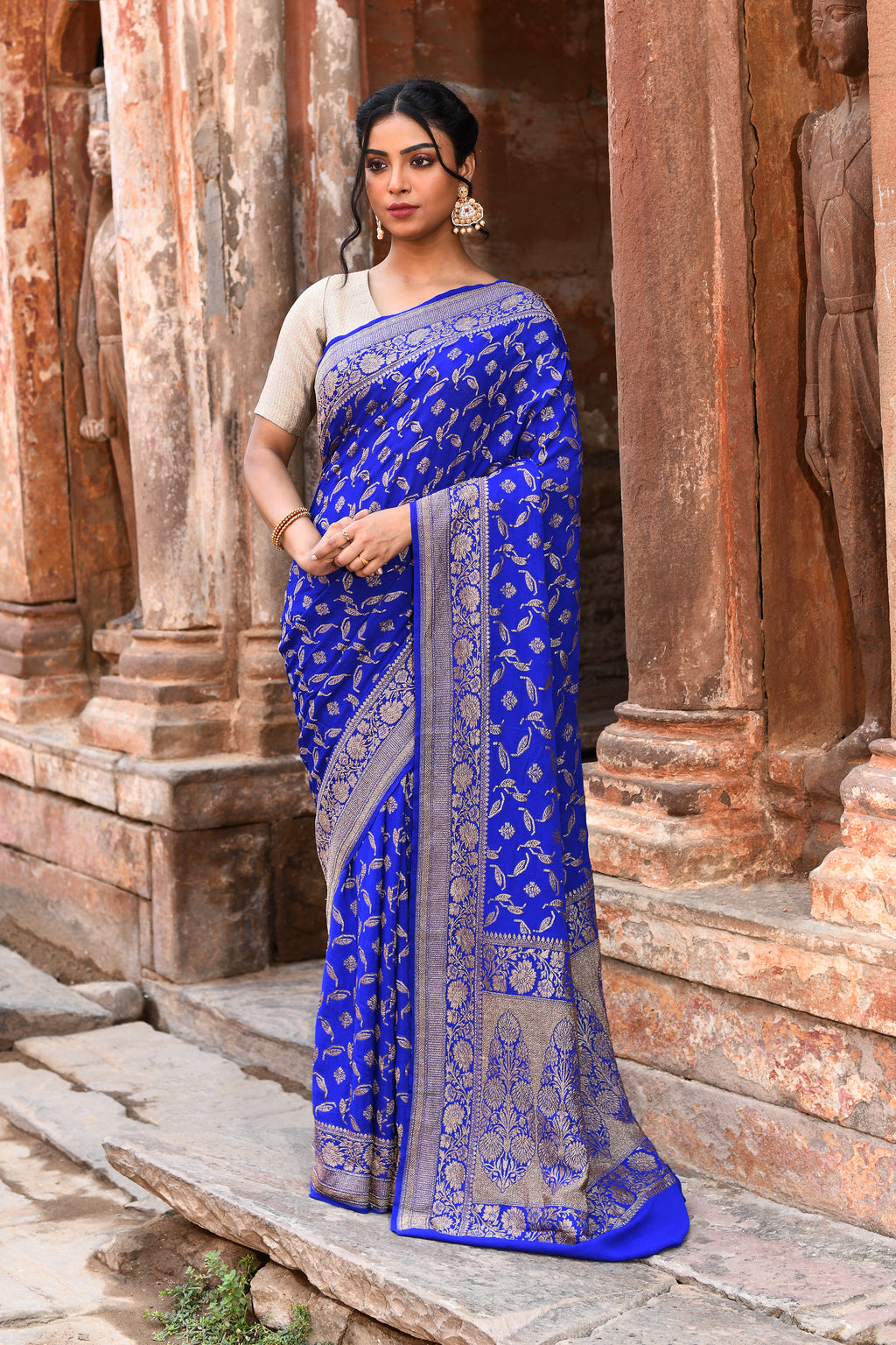 Royal Blue Banarasi Crape Chiffon Silk Saree