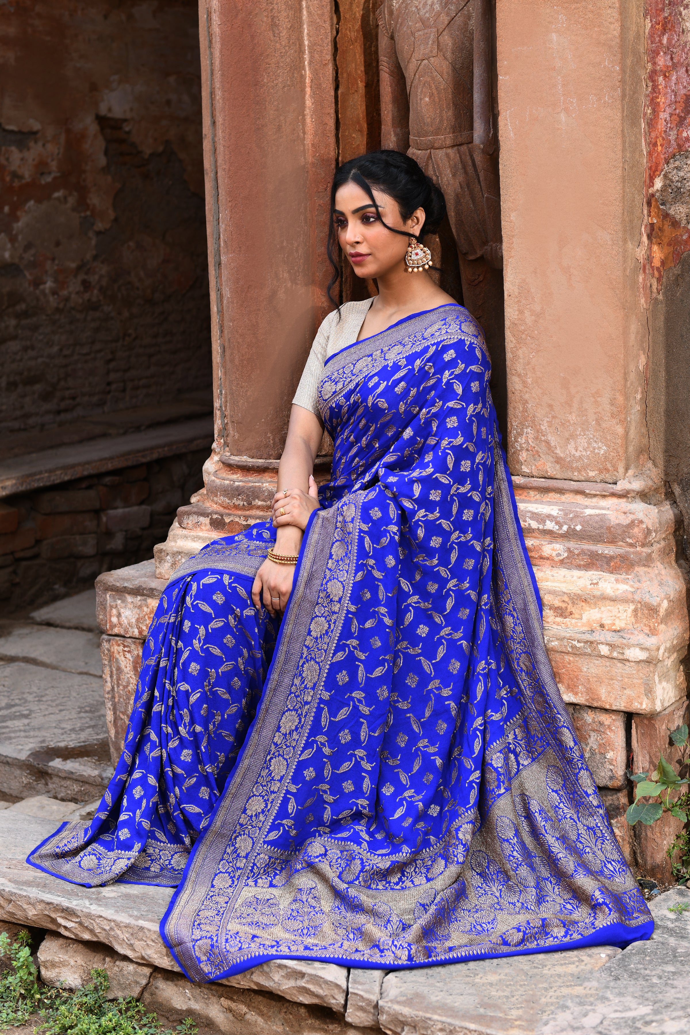 Royal Blue Banarasi Crape Chiffon Silk Saree