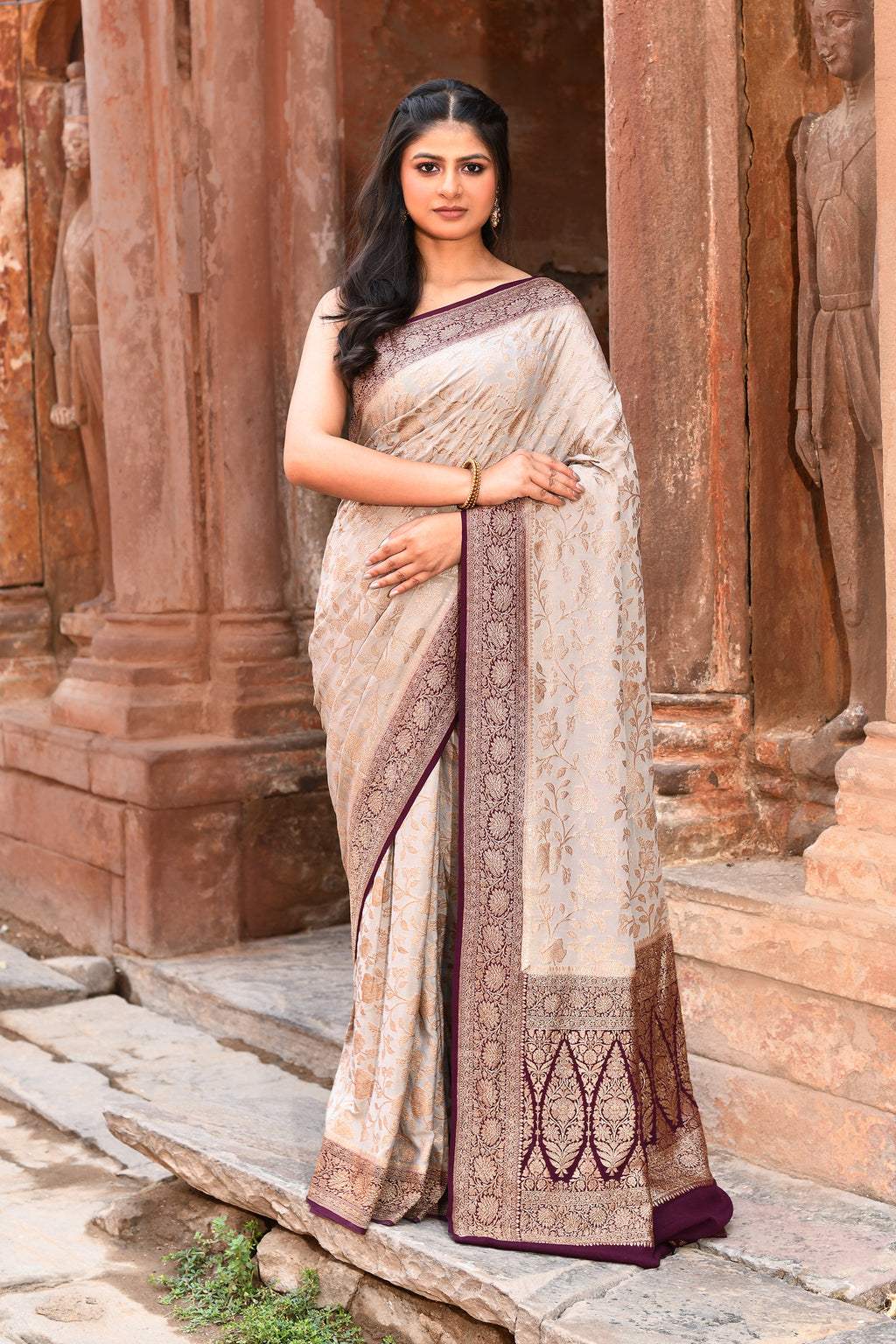 Nude Grey Banarasi Crape Chiffon Silk Saree