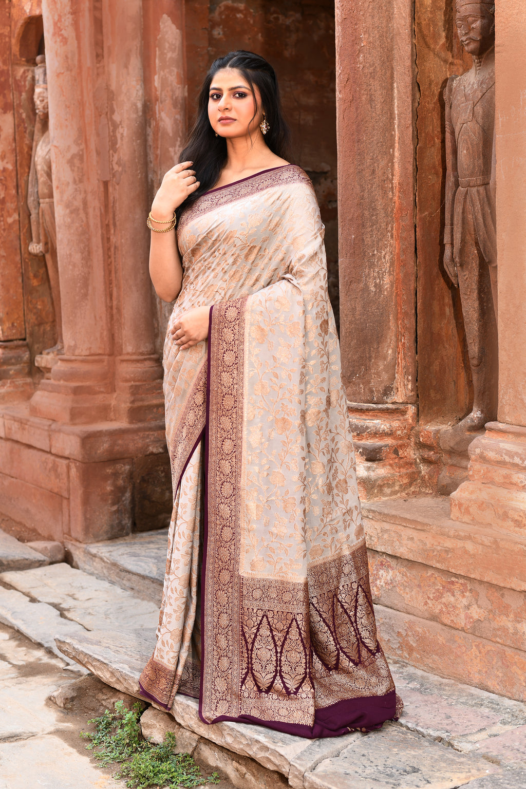 Nude Grey Banarasi Crape Chiffon Silk Saree
