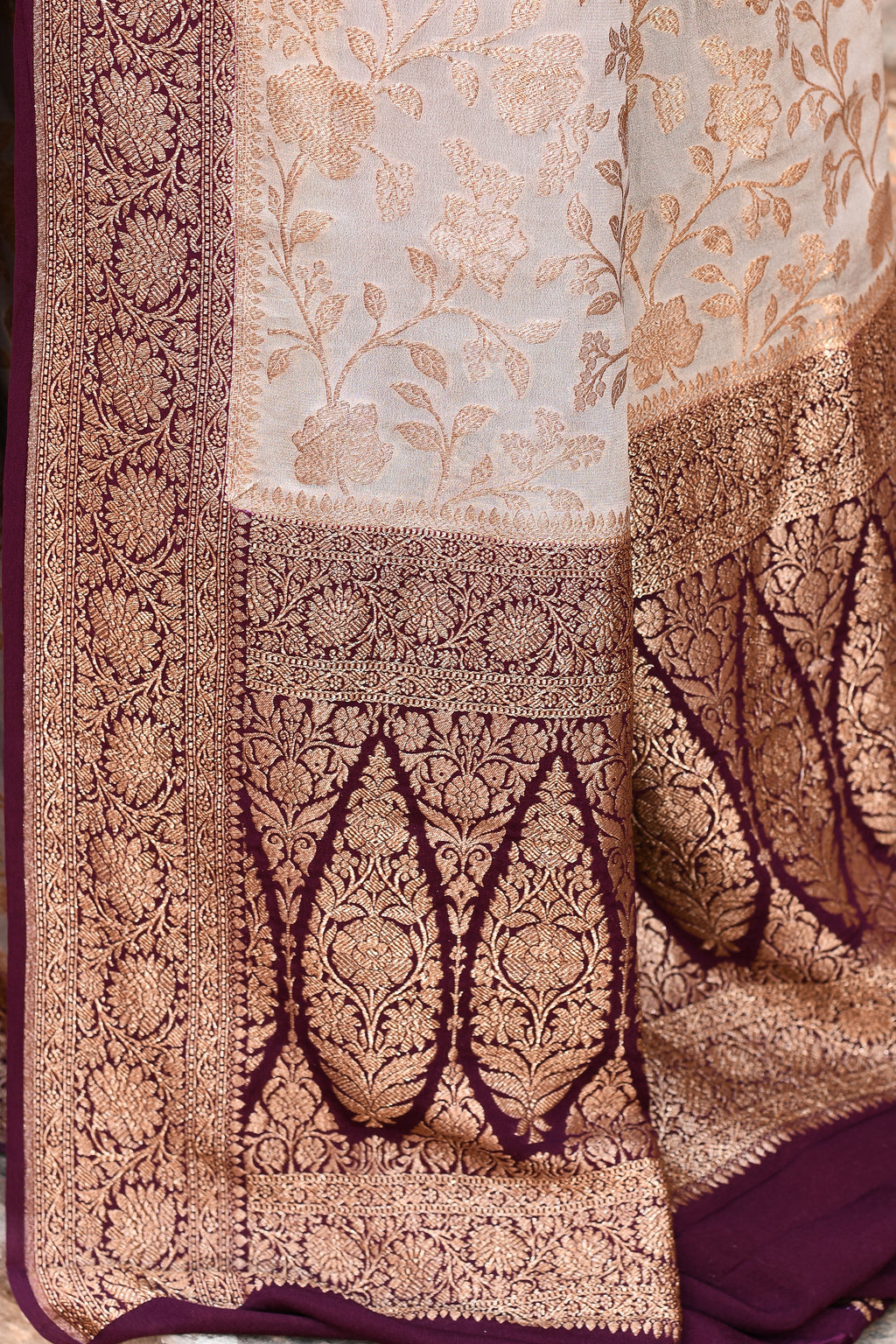 Nude Grey Banarasi Crape Chiffon Silk Saree