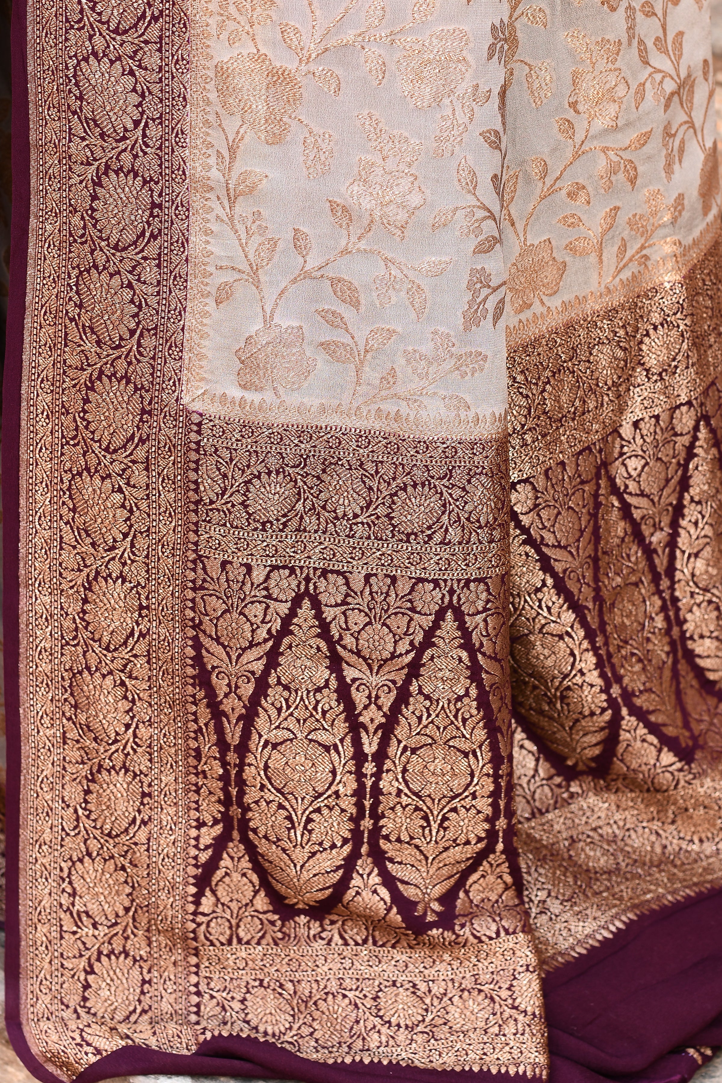 Nude Grey Banarasi Crape Chiffon Silk Saree