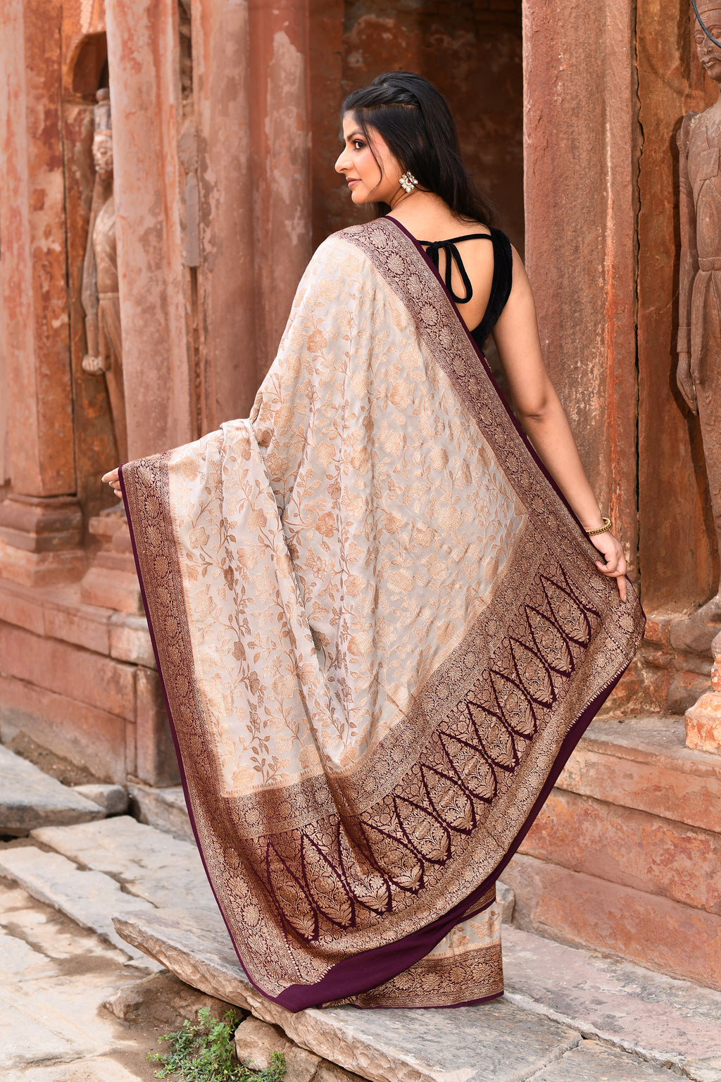 Nude Grey Banarasi Crape Chiffon Silk Saree