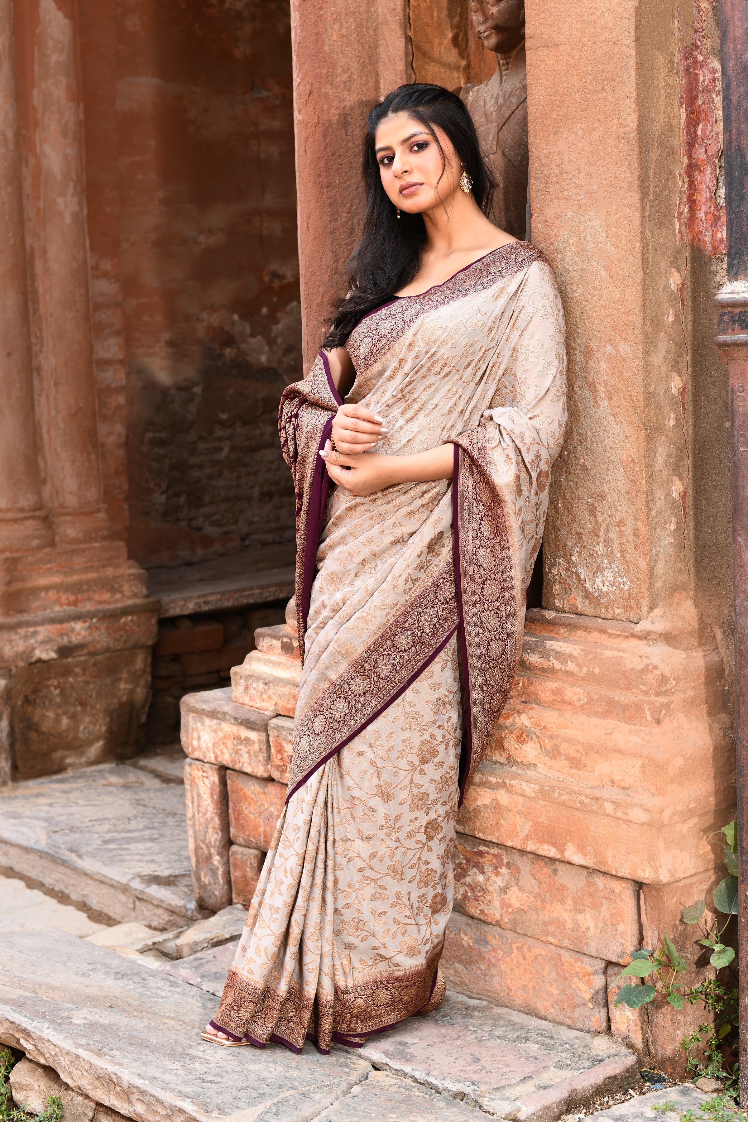 Nude Grey Banarasi Crape Chiffon Silk Saree