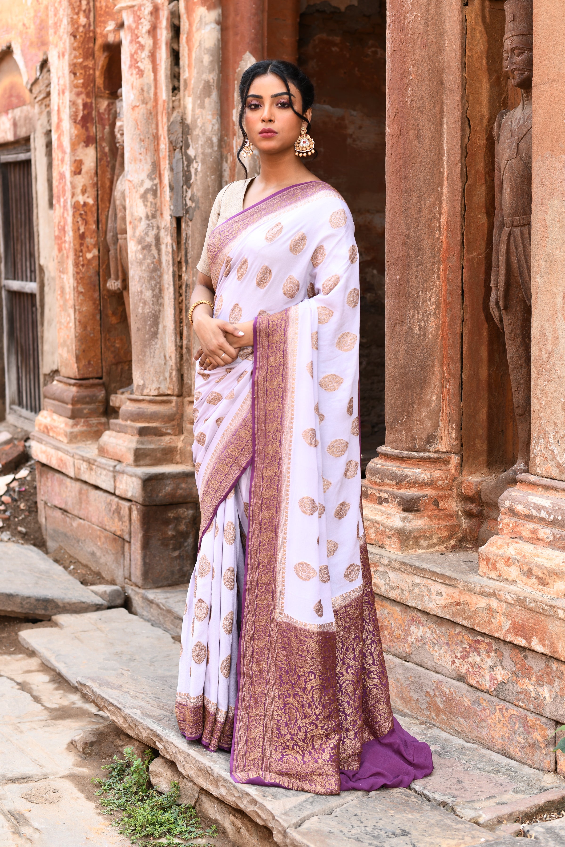 Light Purple Banarasi Crape Chiffon Silk Saree
