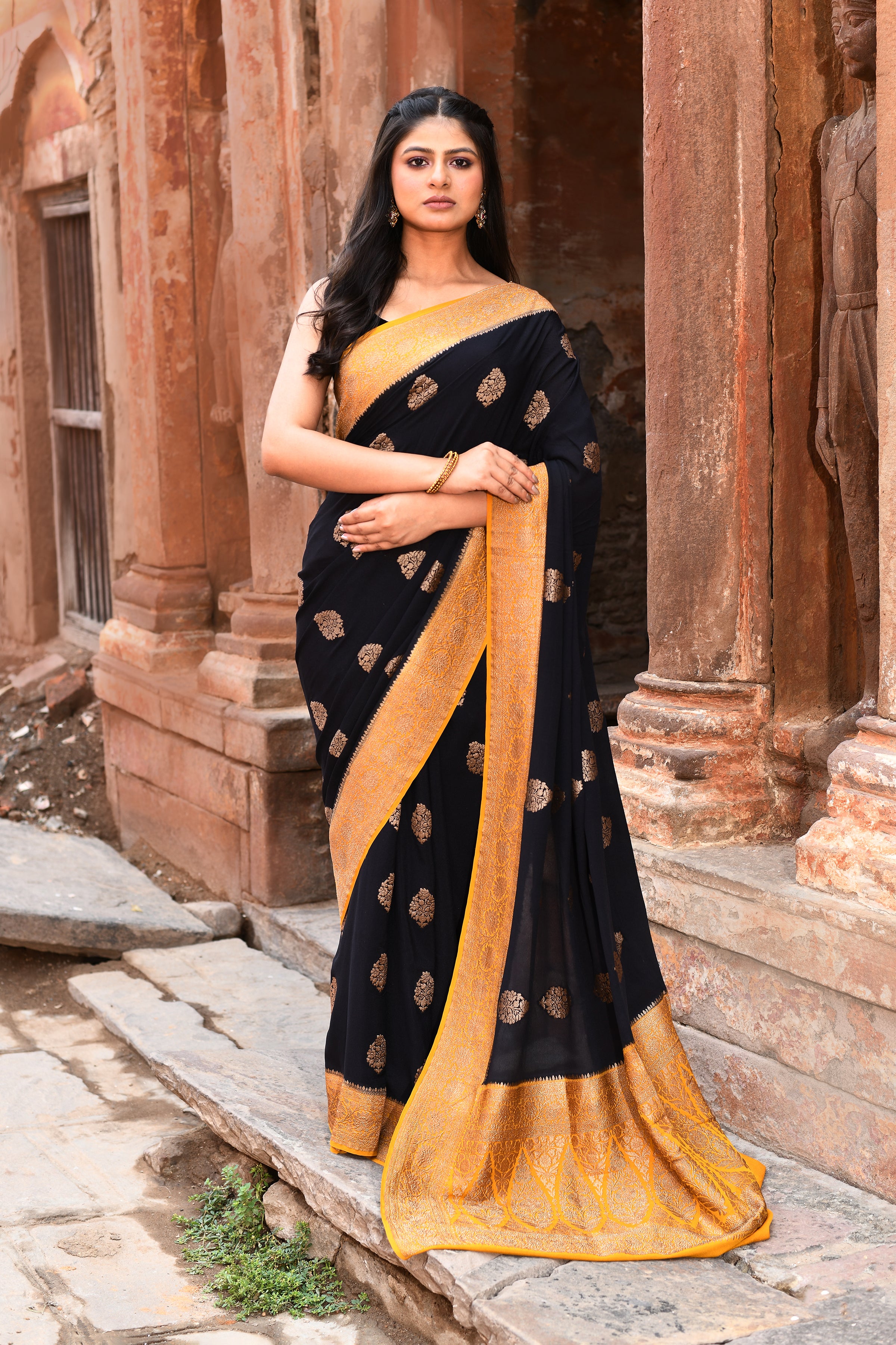 Black Banarasi Crape Chiffon Silk Saree