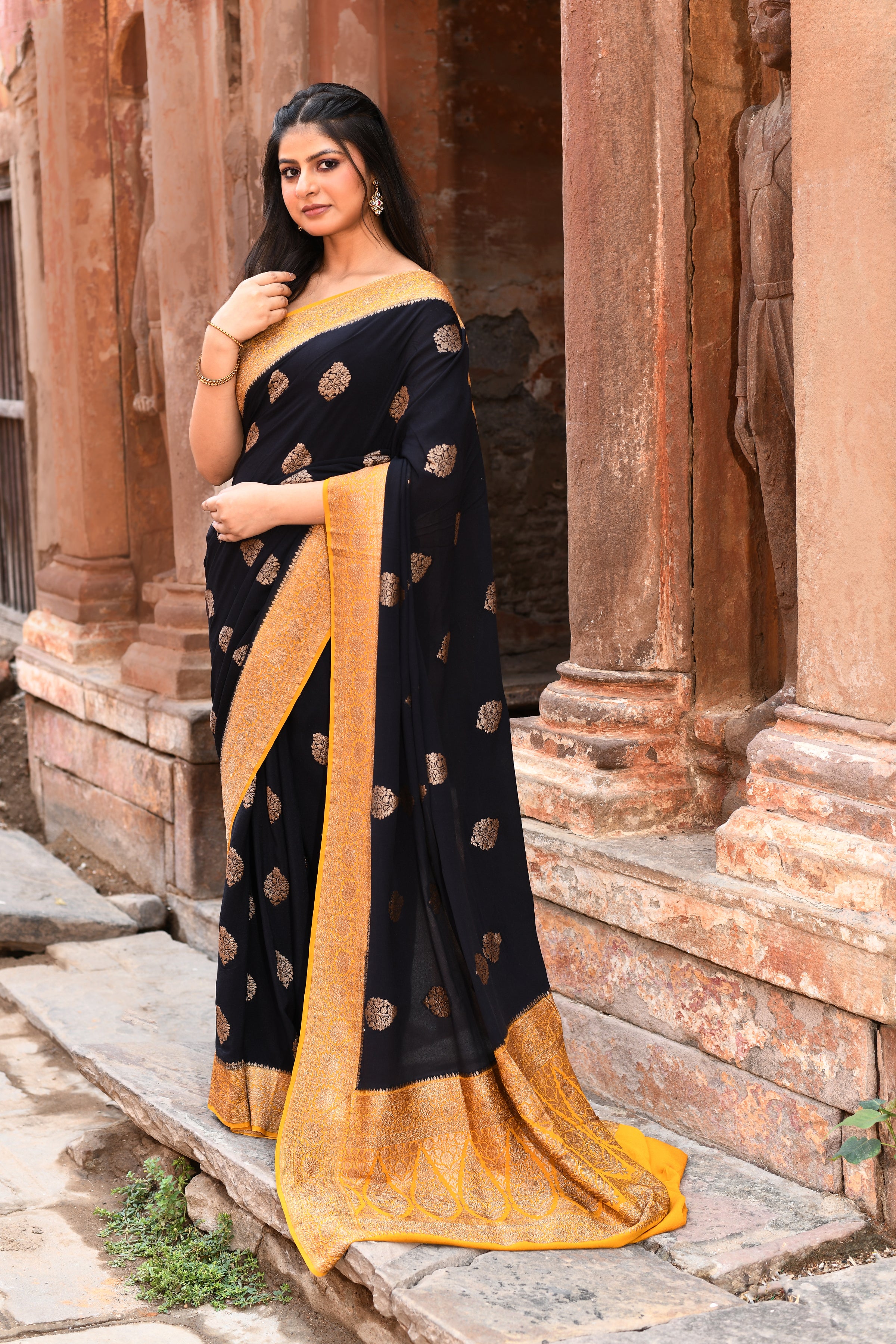 Black Banarasi Crape Chiffon Silk Saree