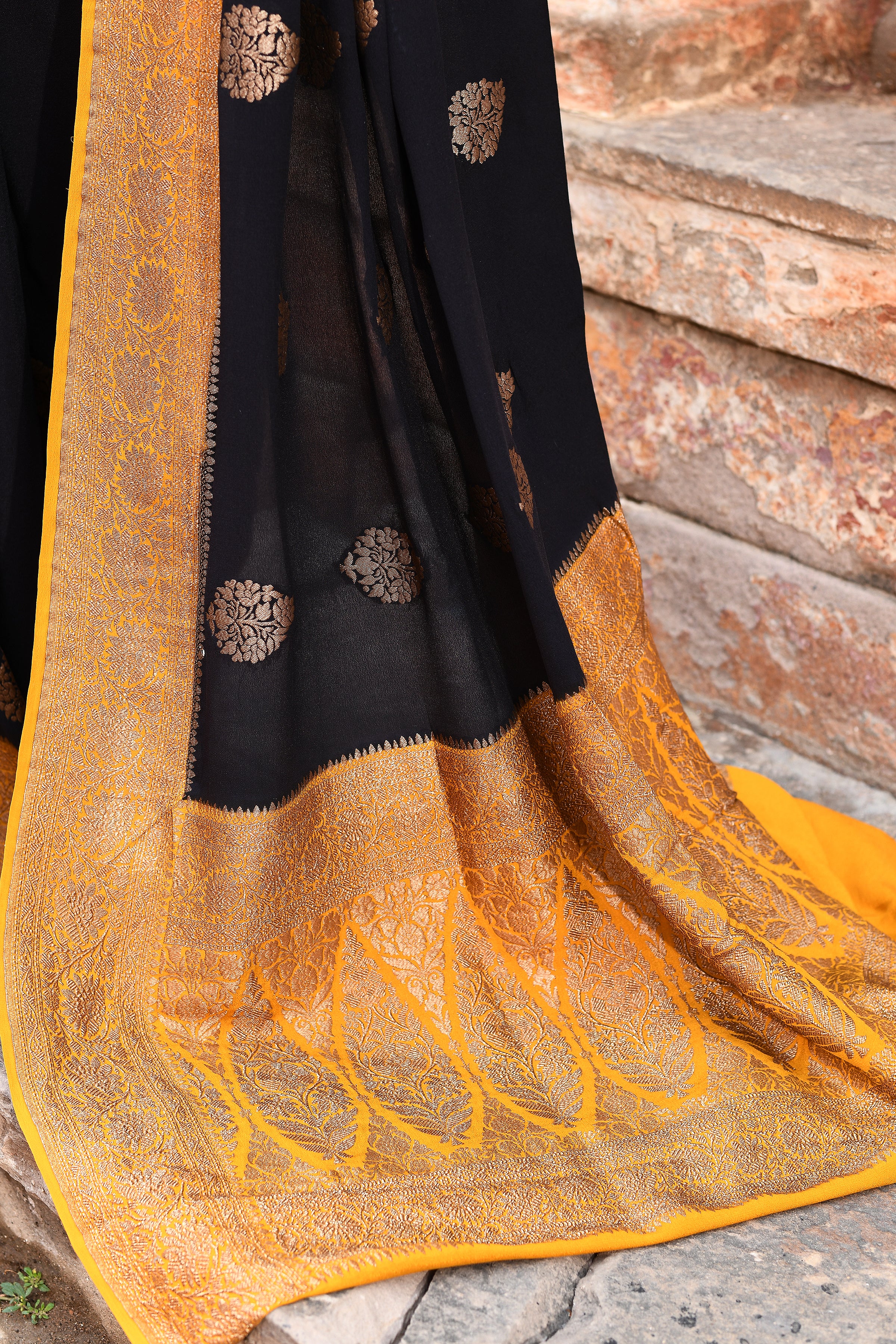 Black Banarasi Crape Chiffon Silk Saree