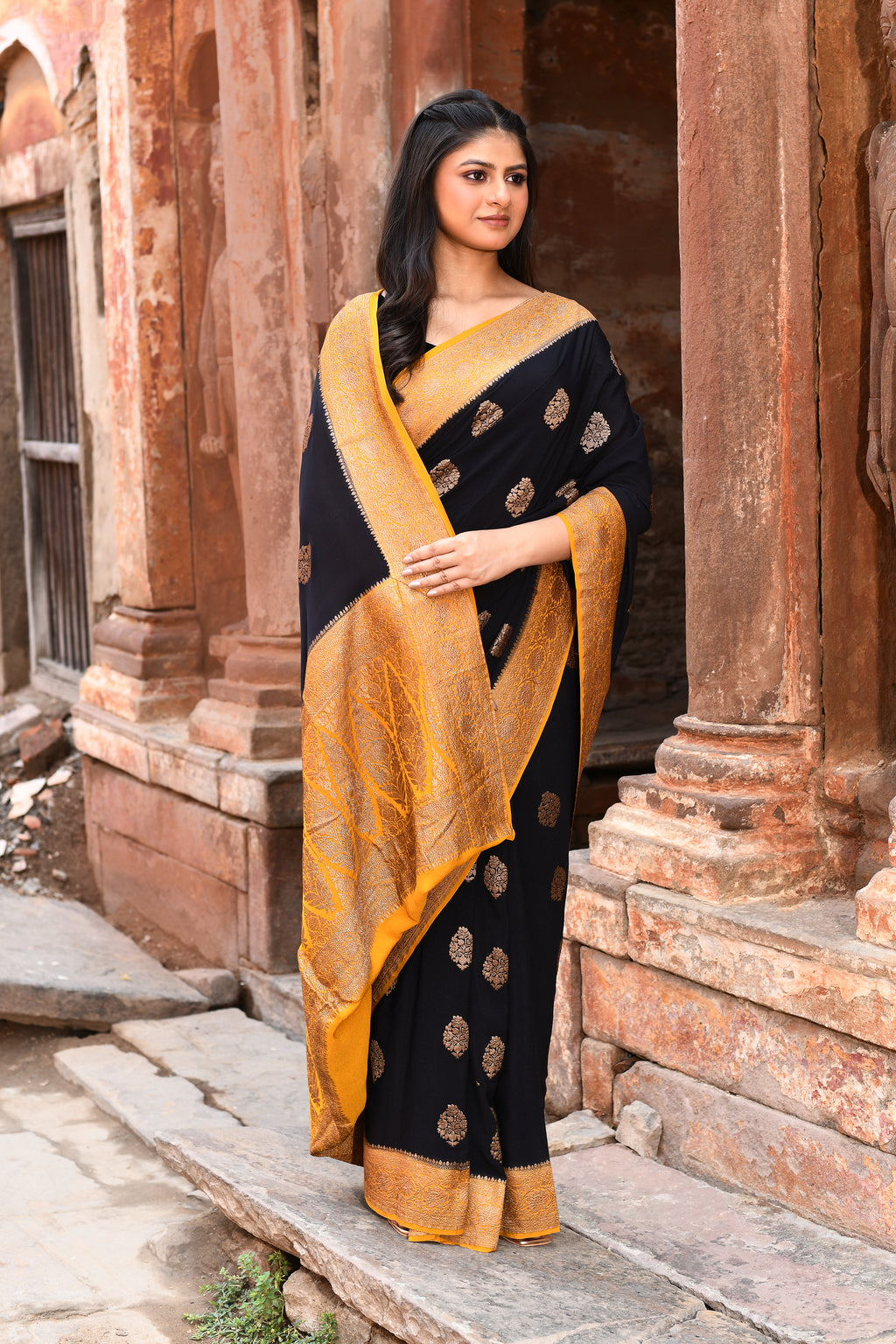 Black Banarasi Crape Chiffon Silk Saree