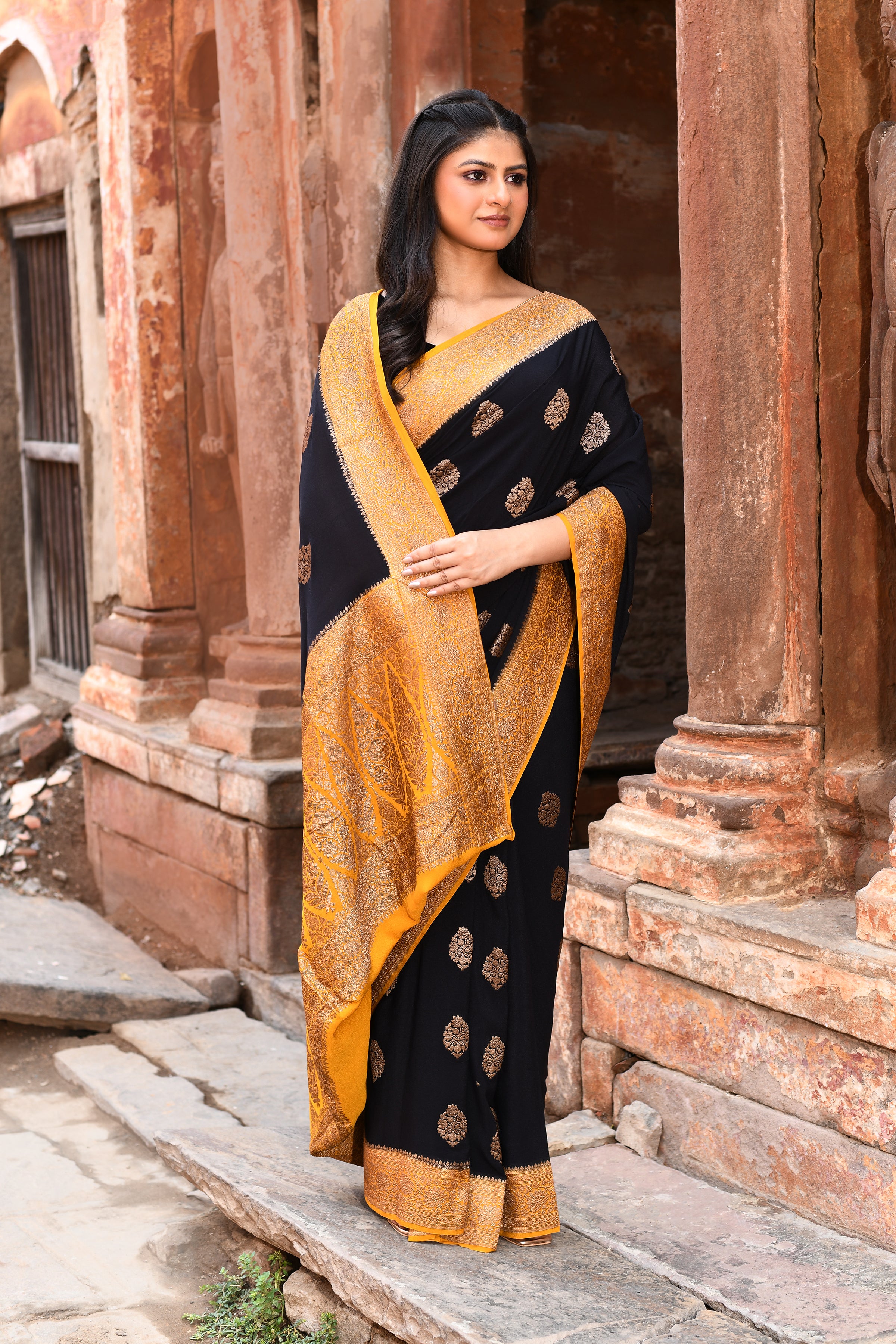 Black Banarasi Crape Chiffon Silk Saree