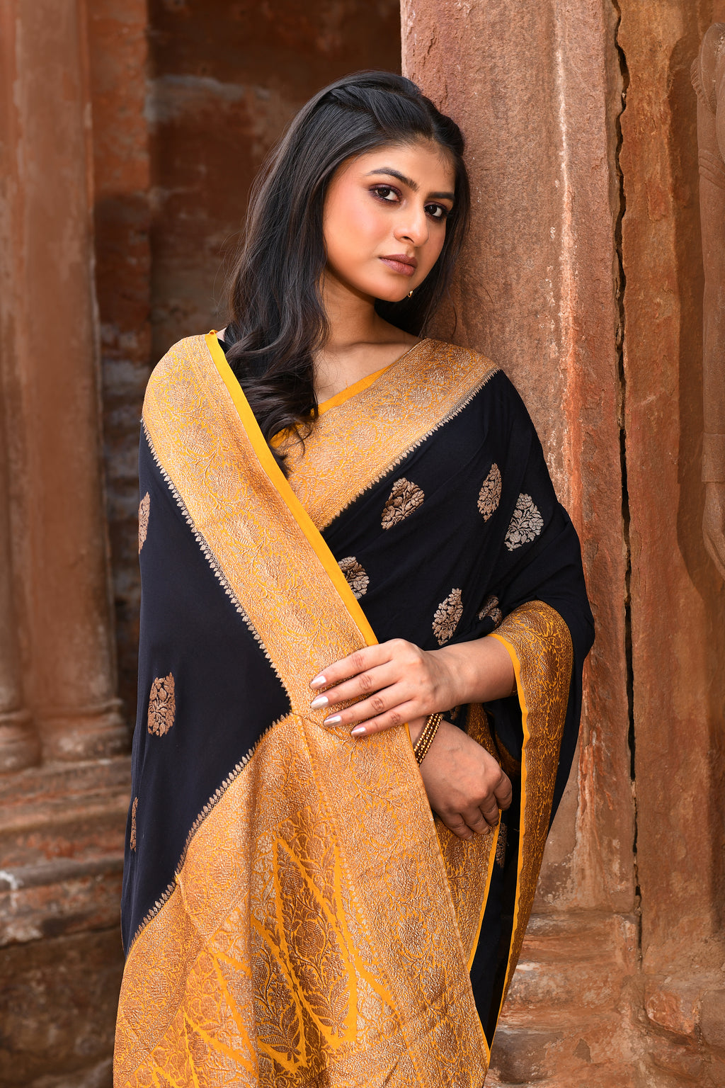 Black Banarasi Crape Chiffon Silk Saree