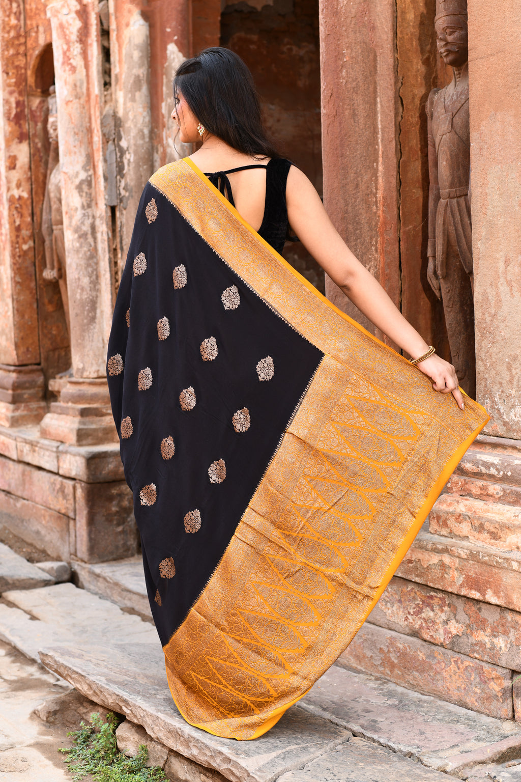 Black Banarasi Crape Chiffon Silk Saree