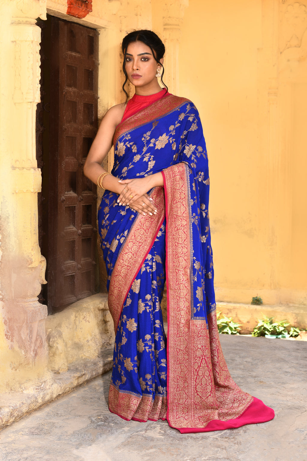 Royal Blue Banarasi Crape Chiffon Silk Saree