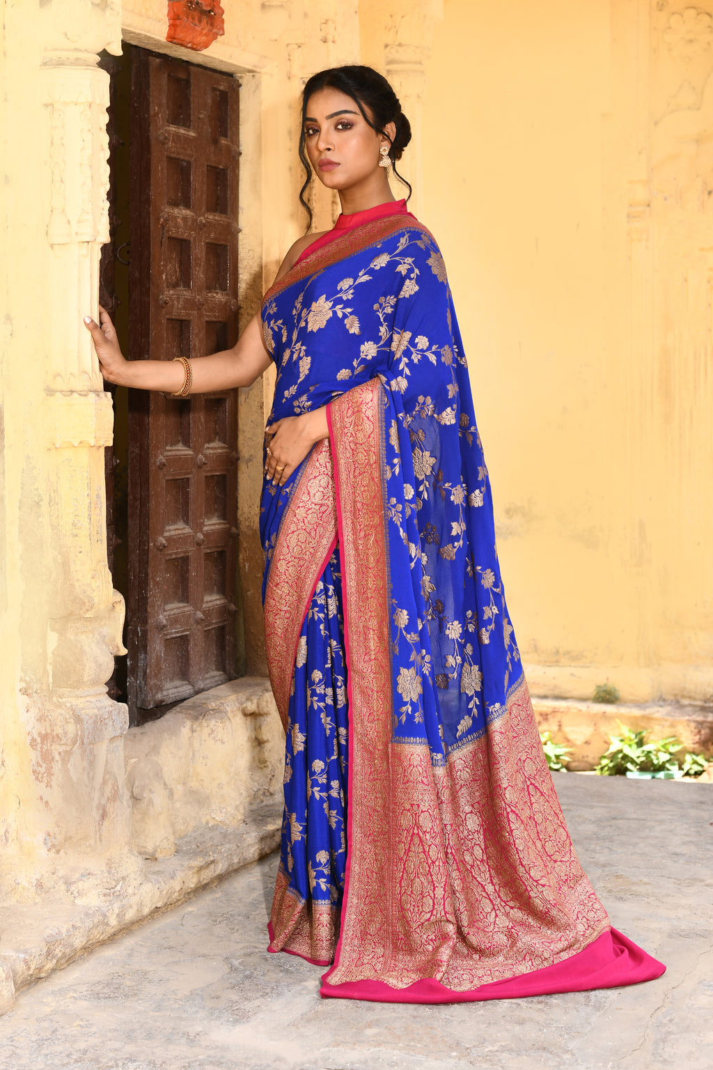 Royal Blue Banarasi Crape Chiffon Silk Saree