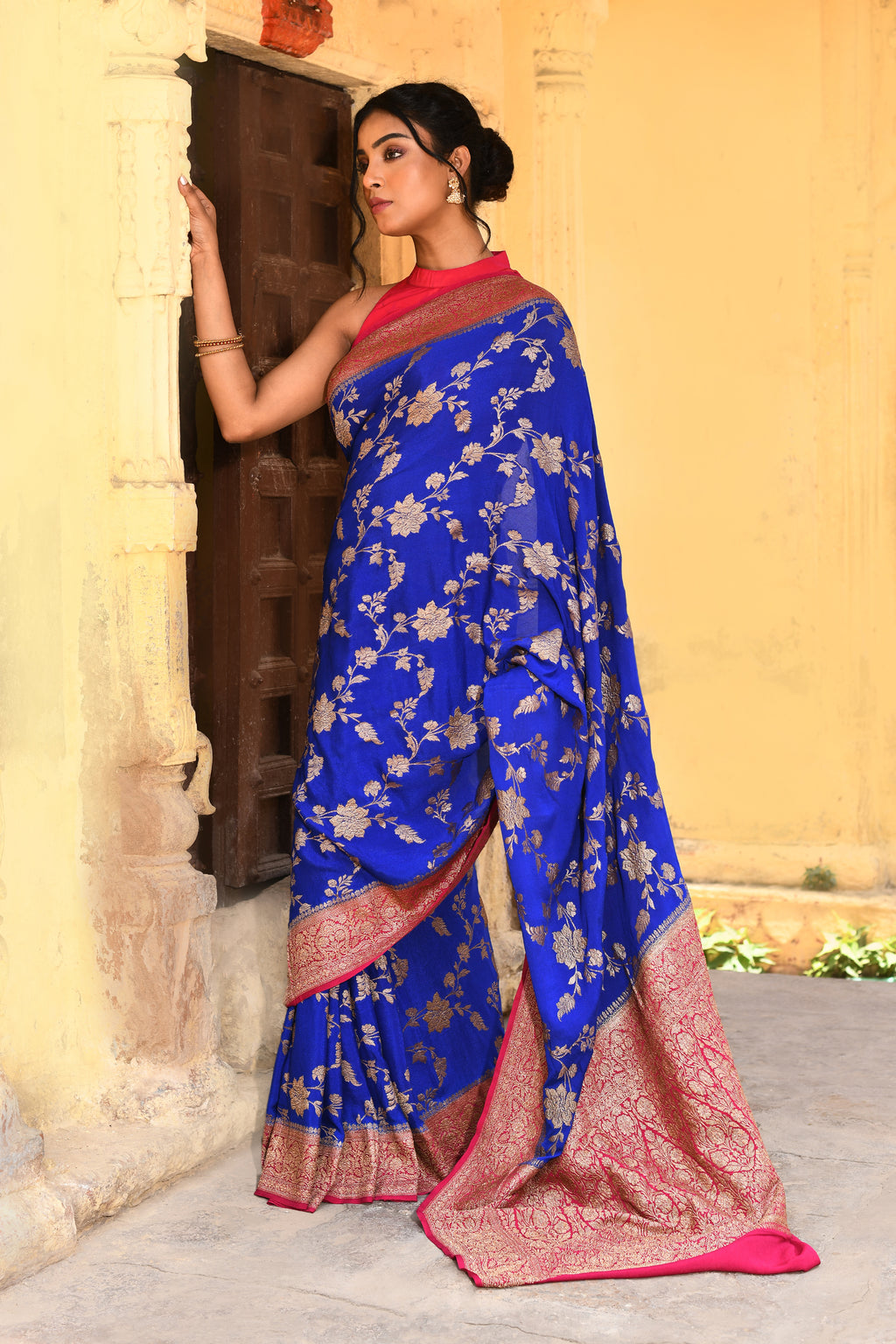 Royal Blue Banarasi Crape Chiffon Silk Saree