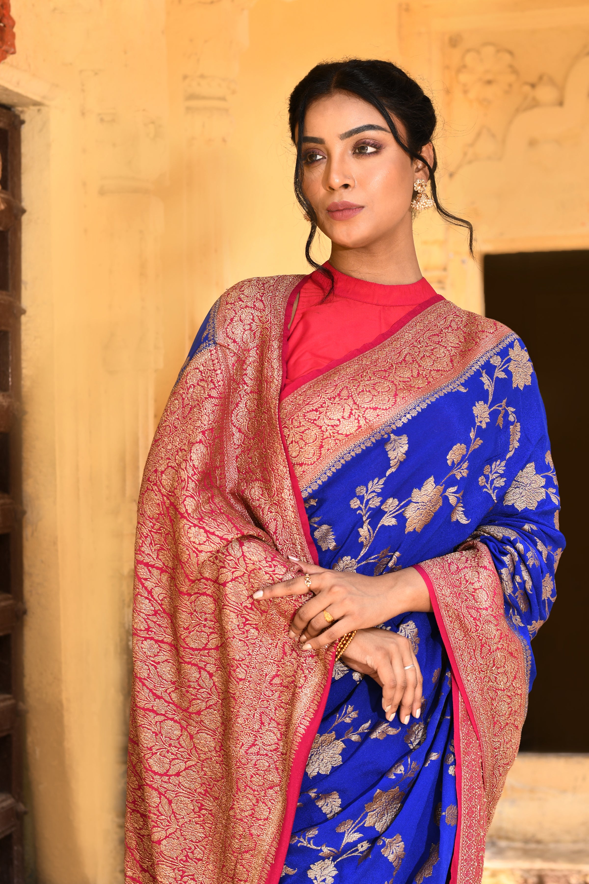 Royal Blue Banarasi Crape Chiffon Silk Saree