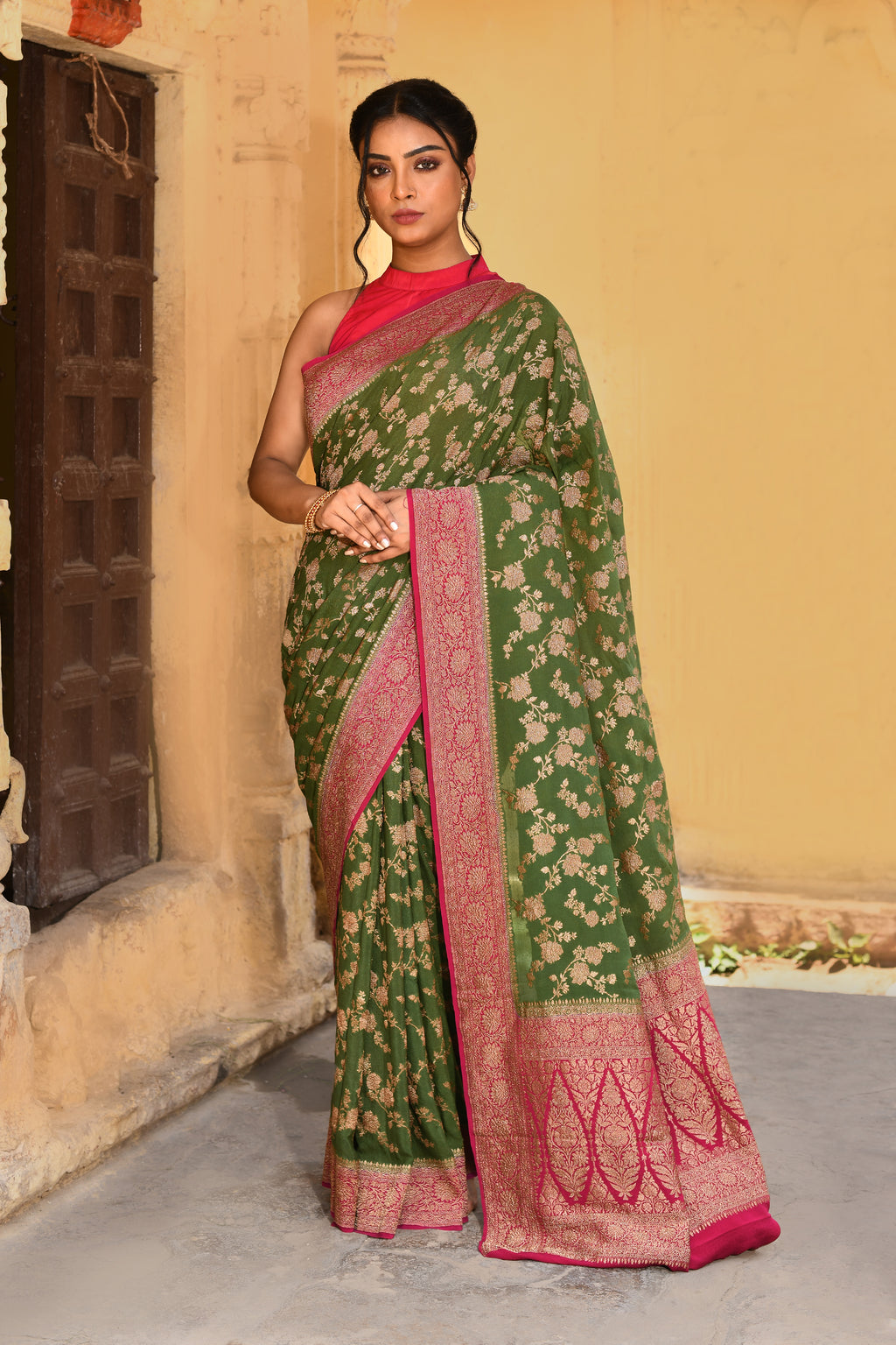 Green Banarasi Crape Chiffon Silk Saree