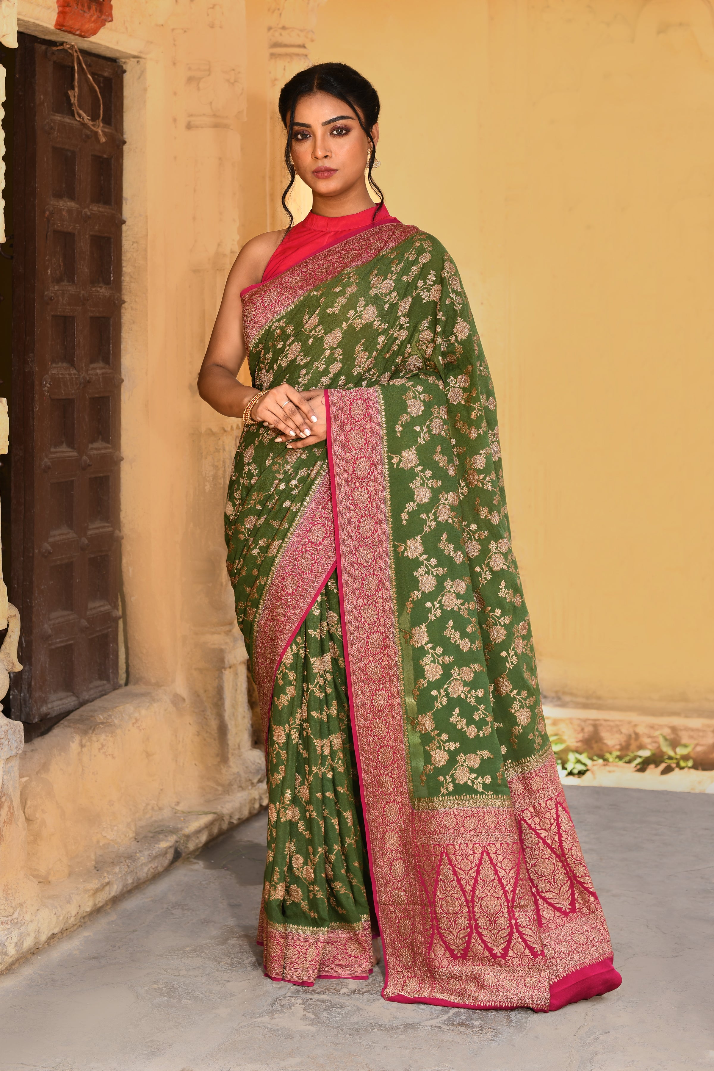 Green Banarasi Crape Chiffon Silk Saree