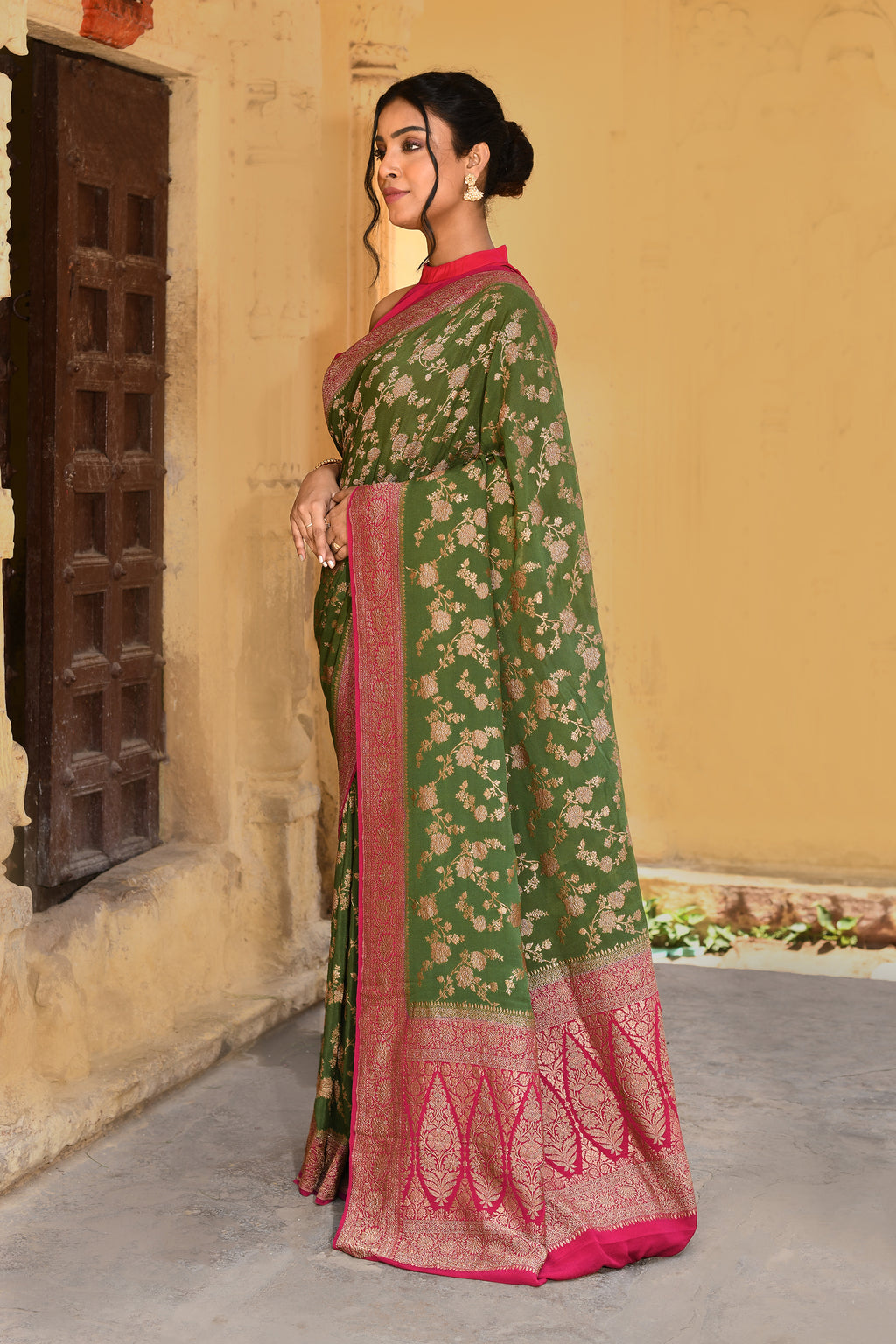Green Banarasi Crape Chiffon Silk Saree
