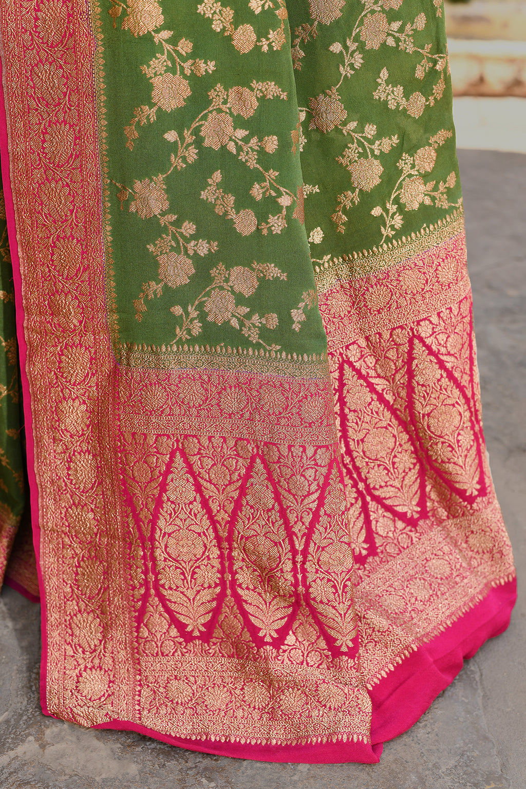Green Banarasi Crape Chiffon Silk Saree