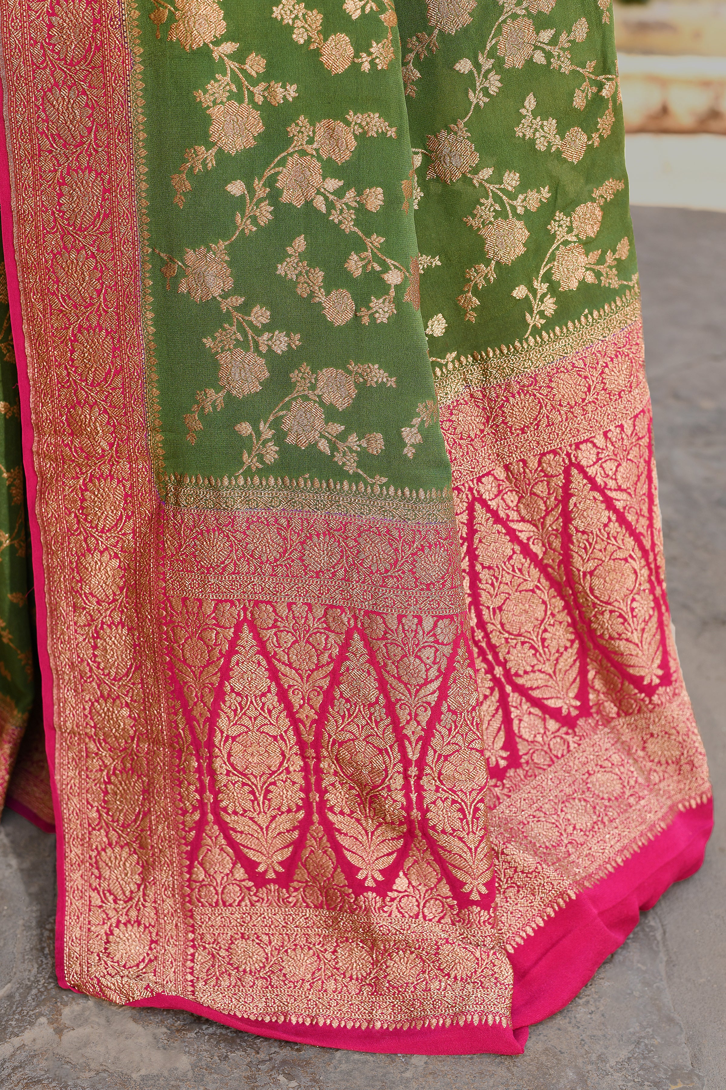 Green Banarasi Crape Chiffon Silk Saree