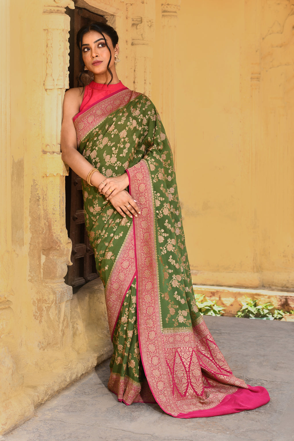 Green Banarasi Crape Chiffon Silk Saree